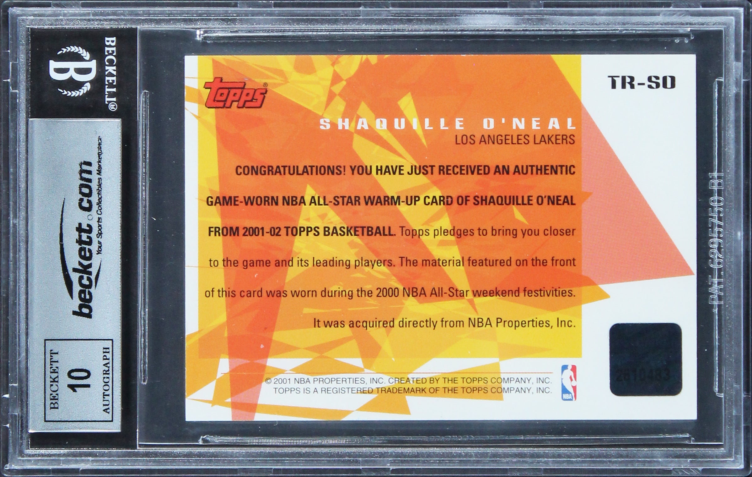 Shaquille O'Neal Signed 2001 Topps All-Star Rem #TRSO Card Auto 10! BAS Slabbed