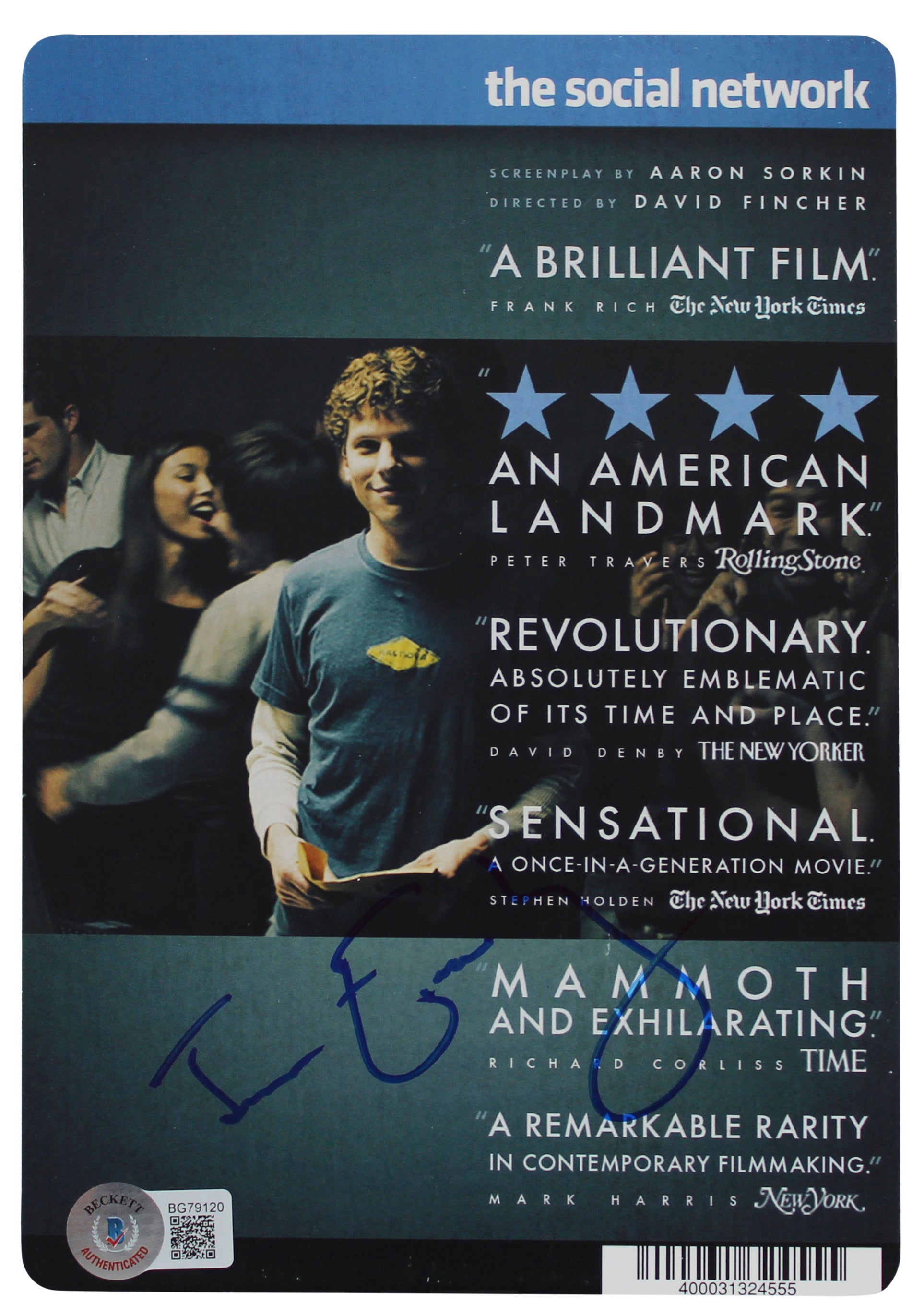 Jesse Eisenberg The Social Network Authentic Signed DVD Cover BAS #BG79120