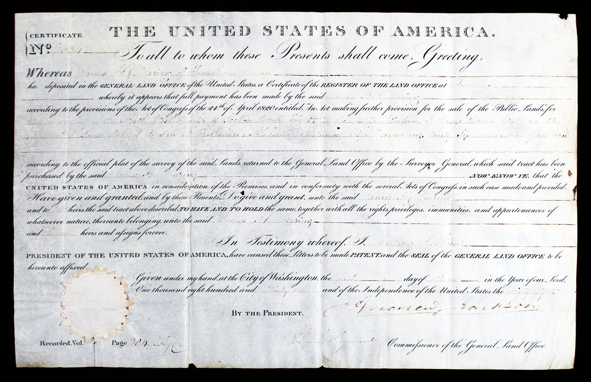 Andrew Jackson Authentic Signed 1831 Land Grant Document Dated BAS #A08245