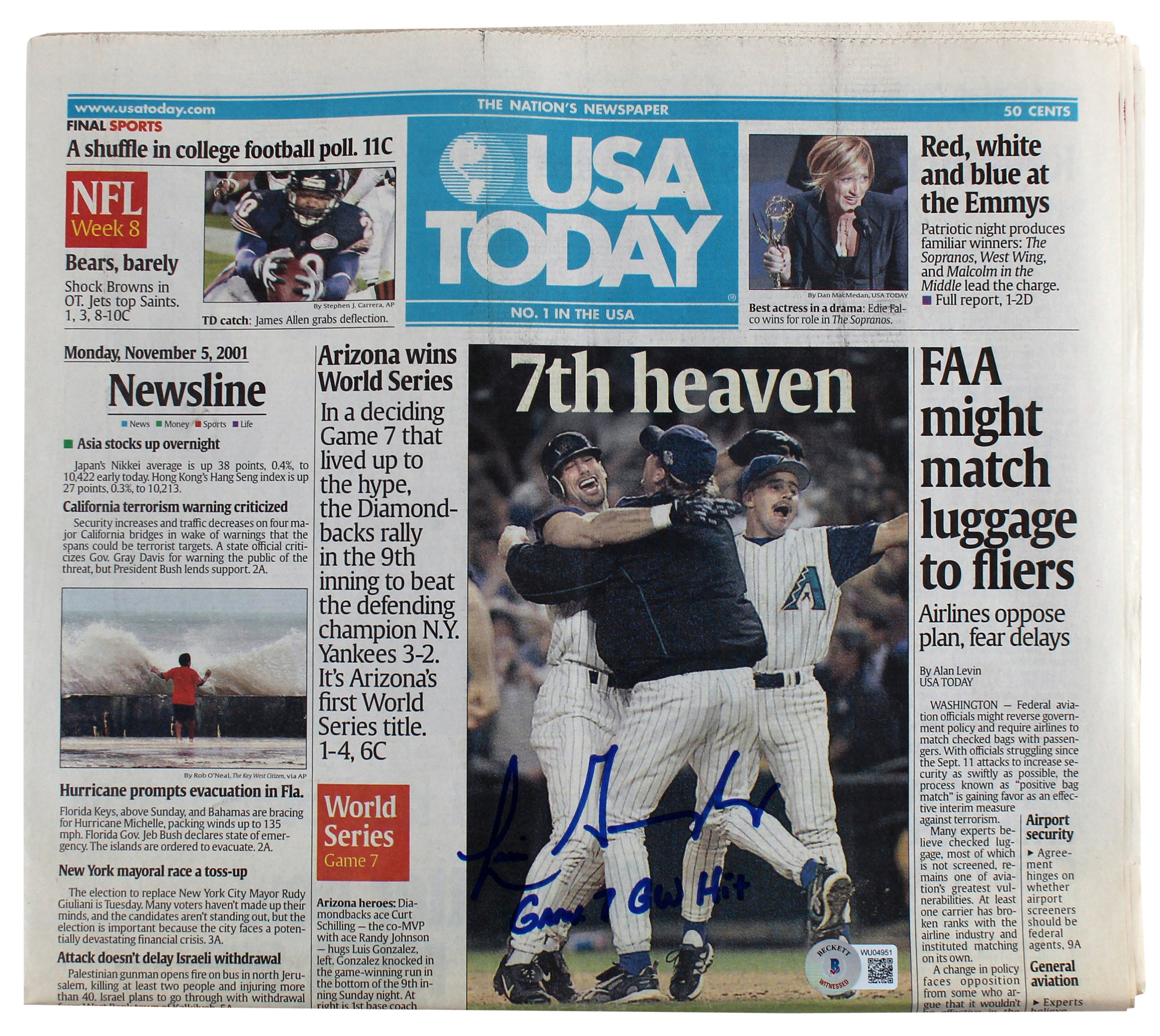 D-Backs Luis Gonzalez "Game 7 GW Hit" Signed USA Today Newspaper BAS #WU04951