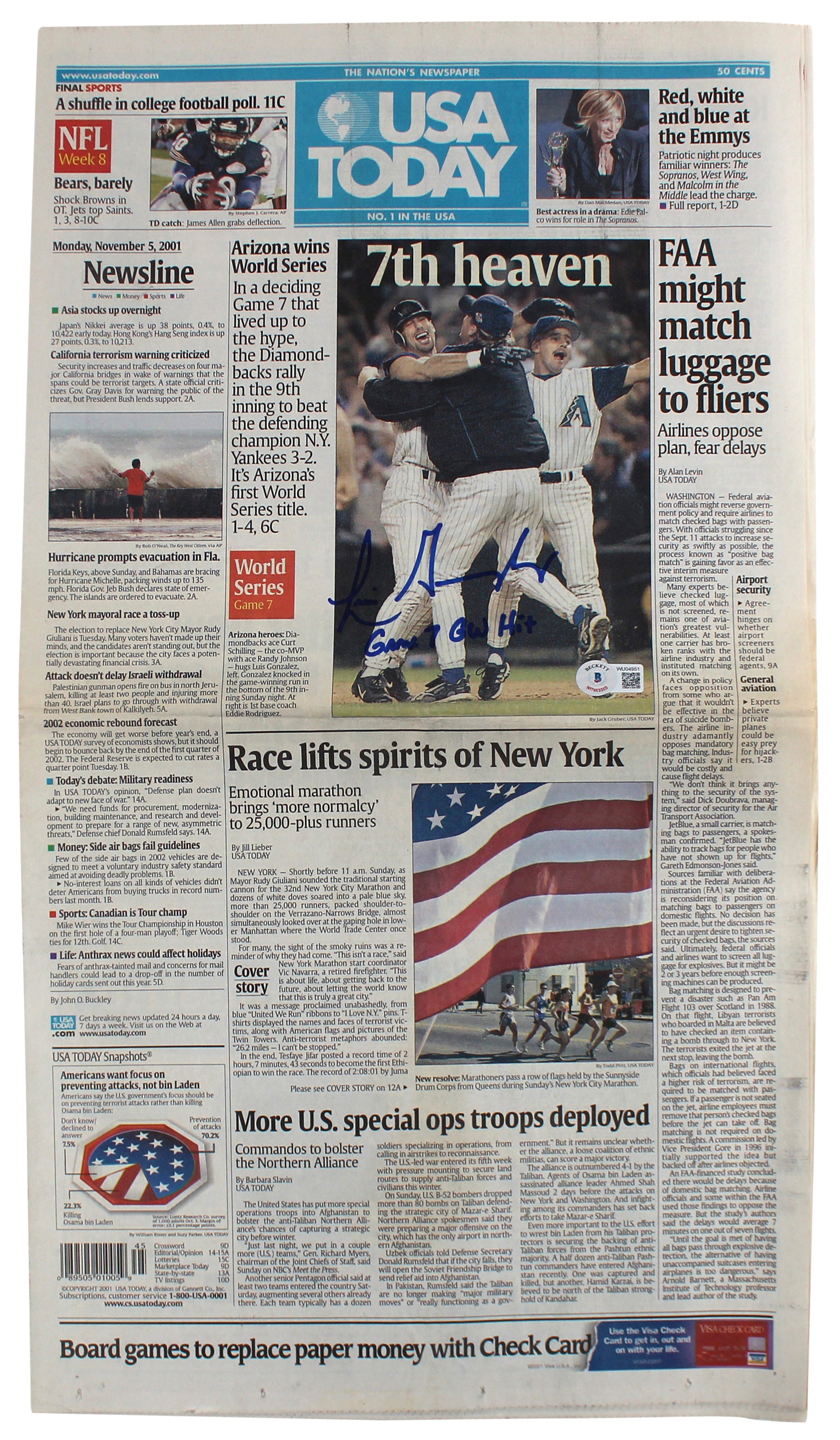 D-Backs Luis Gonzalez "Game 7 GW Hit" Signed USA Today Newspaper BAS #WU04951