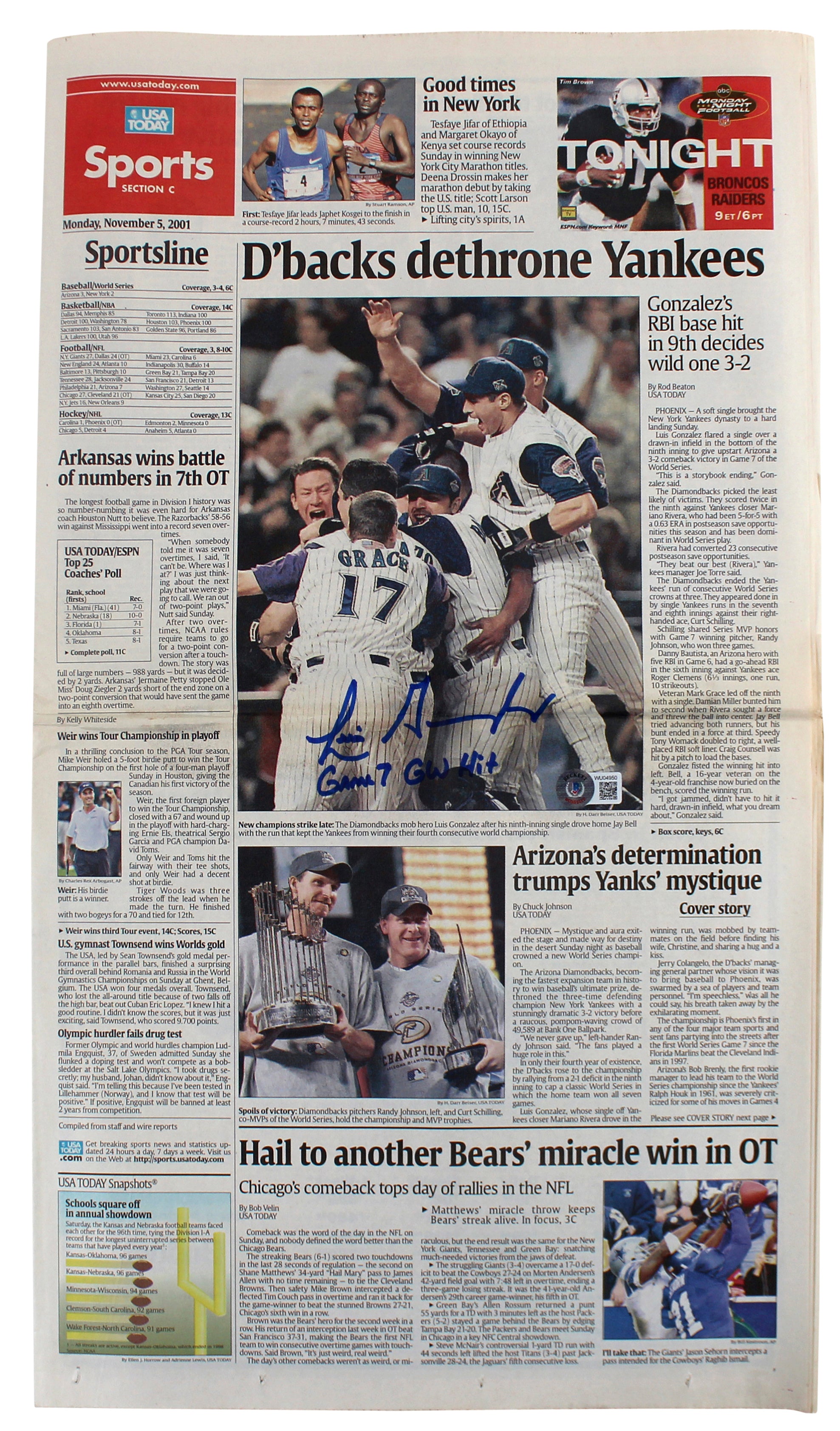 D-Backs Luis Gonzalez "Game 7 GW Hit" Signed USA Today Newspaper BAS #WU04950
