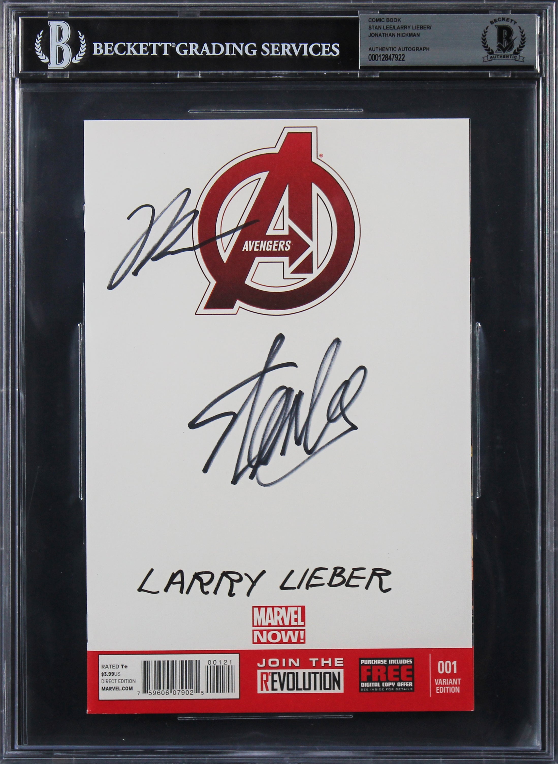 (3) Stan Lee, Lieber & Hickman Signed Avengers 001 Variant Comic BAS Slabbed