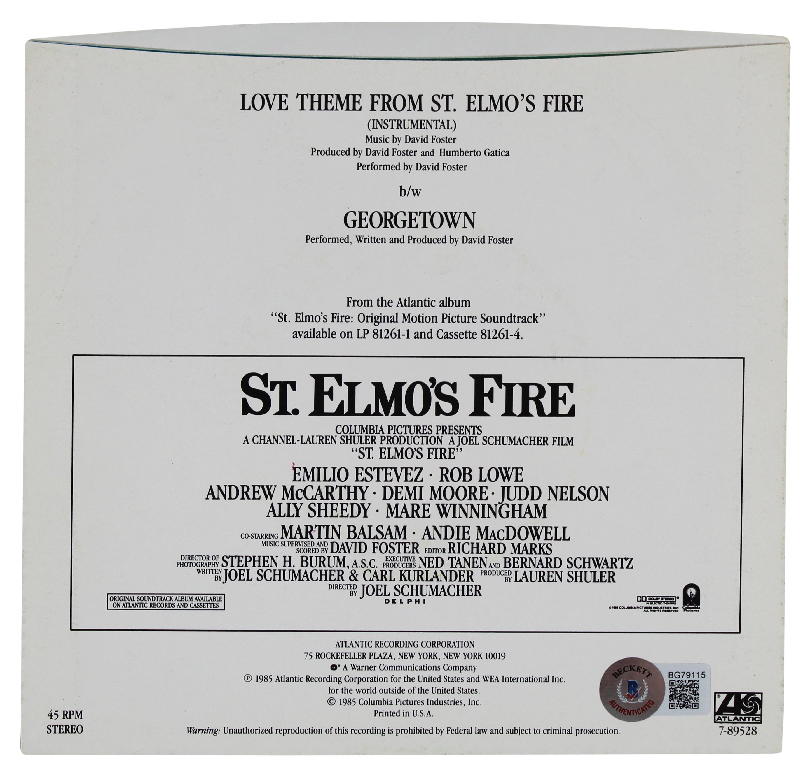 Emilio Estevez & Ally Sheedy Signed St. Elmo's Fire 45 RPM Album Cover BAS