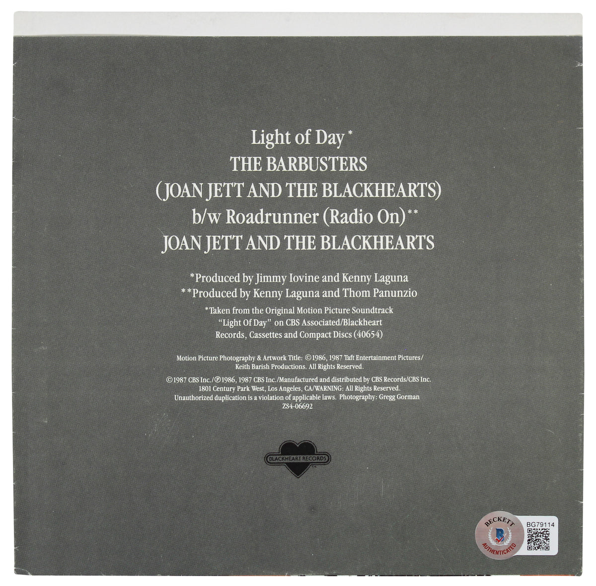 Joan Jett Signed The Barbusters Light of Day 45 RPM Album Cover BAS #BG79114