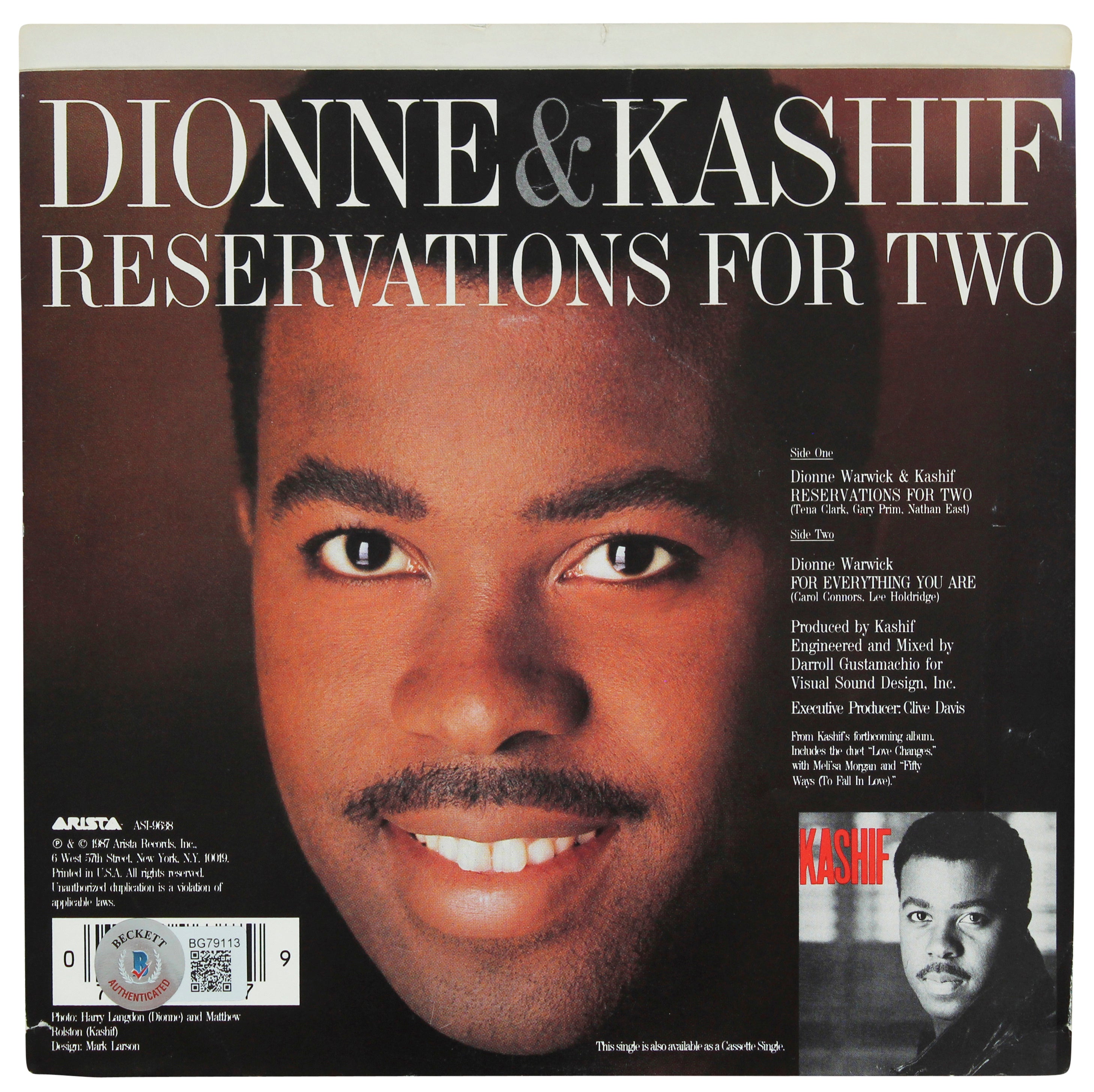 Dionne Warwick Signed Reservations for Two 45 RPM Album Cover BAS #BG79113