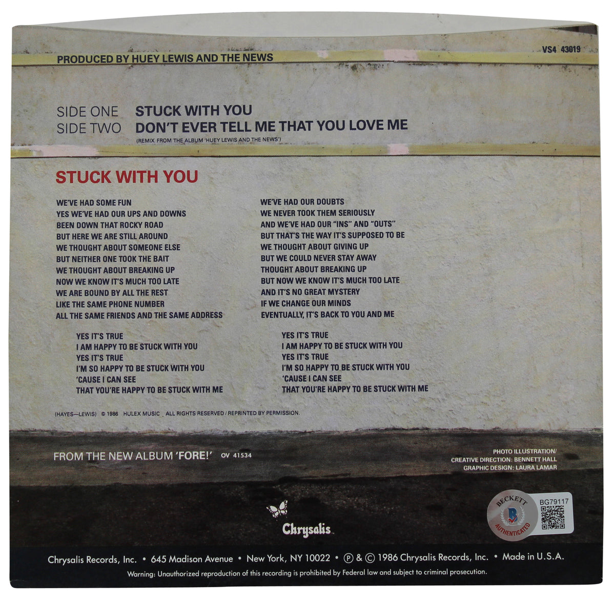 Huey Lewis Authentic Signed Stuck With You 45 RPM Album Cover BAS #BG79117