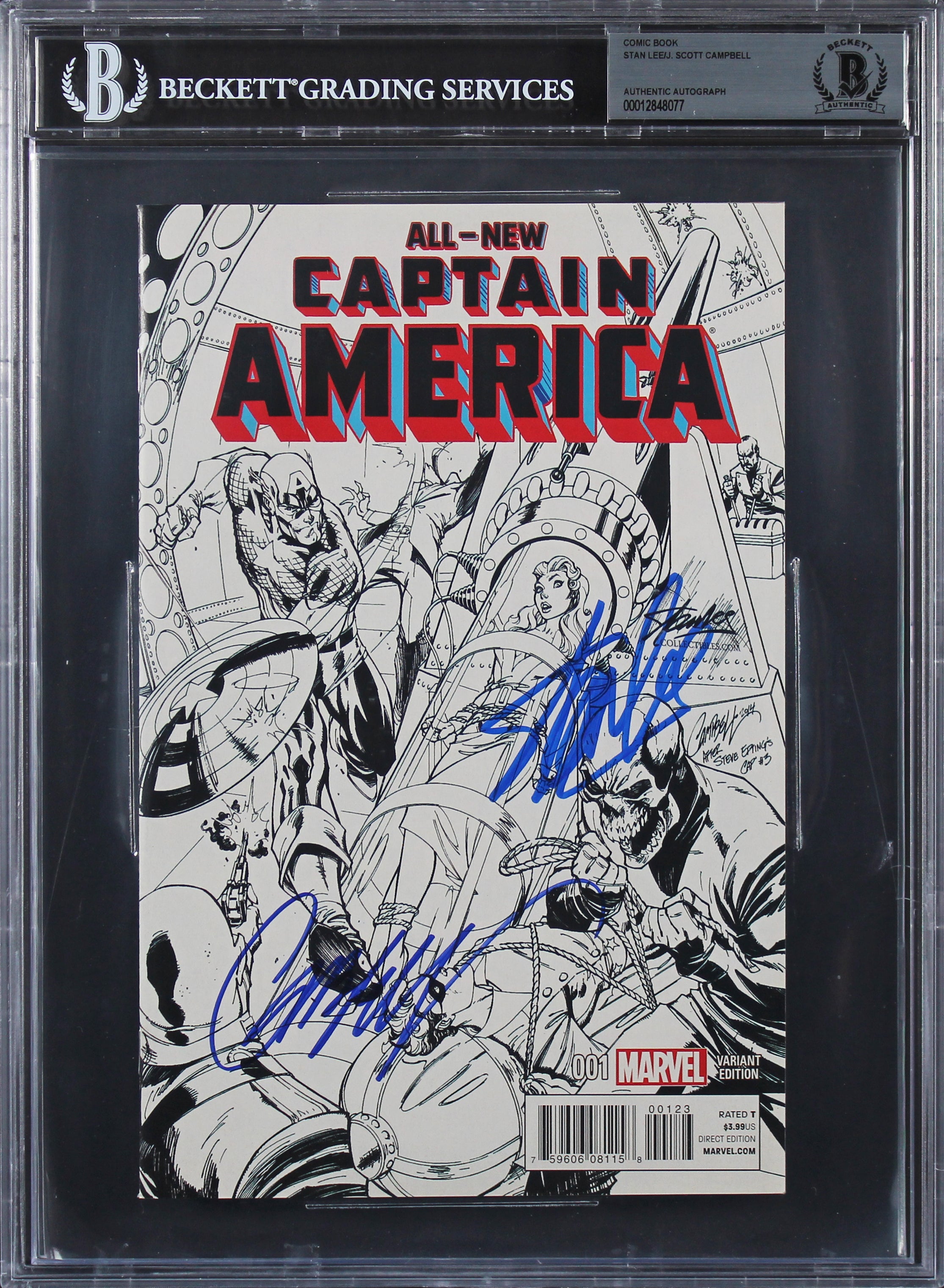 Stan Lee & J. Scott Campbell Signed Captain America 001 Variant Comic BAS Slab