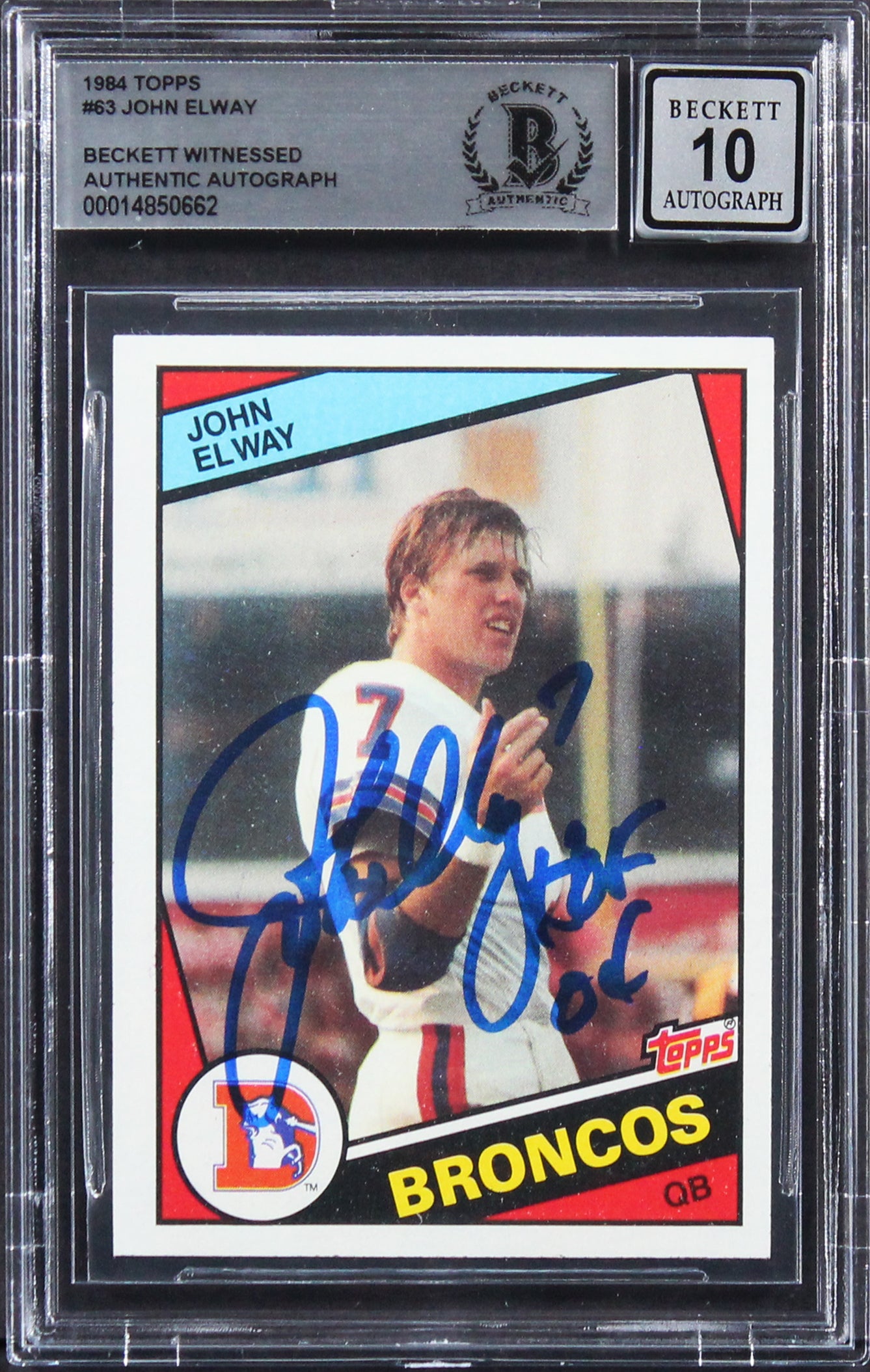 Broncos John Elway "HOF 04" Signed 1984 Topps #63 Rookie Card Auto 10! BAS Slab