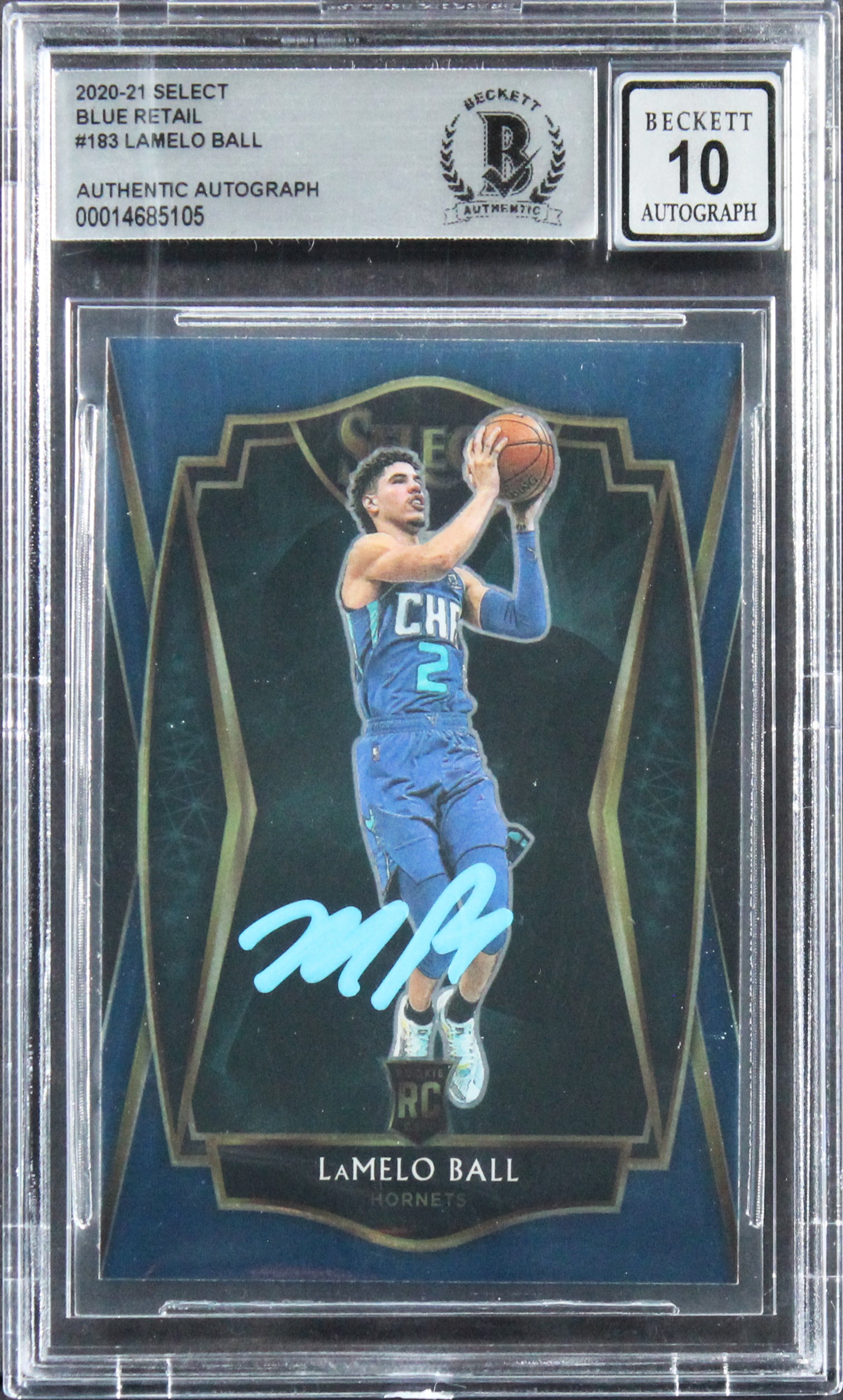 Hornets LaMelo Ball Signed 2020 Select Blue Retail #183 RC Card Auto 10 BAS Slab