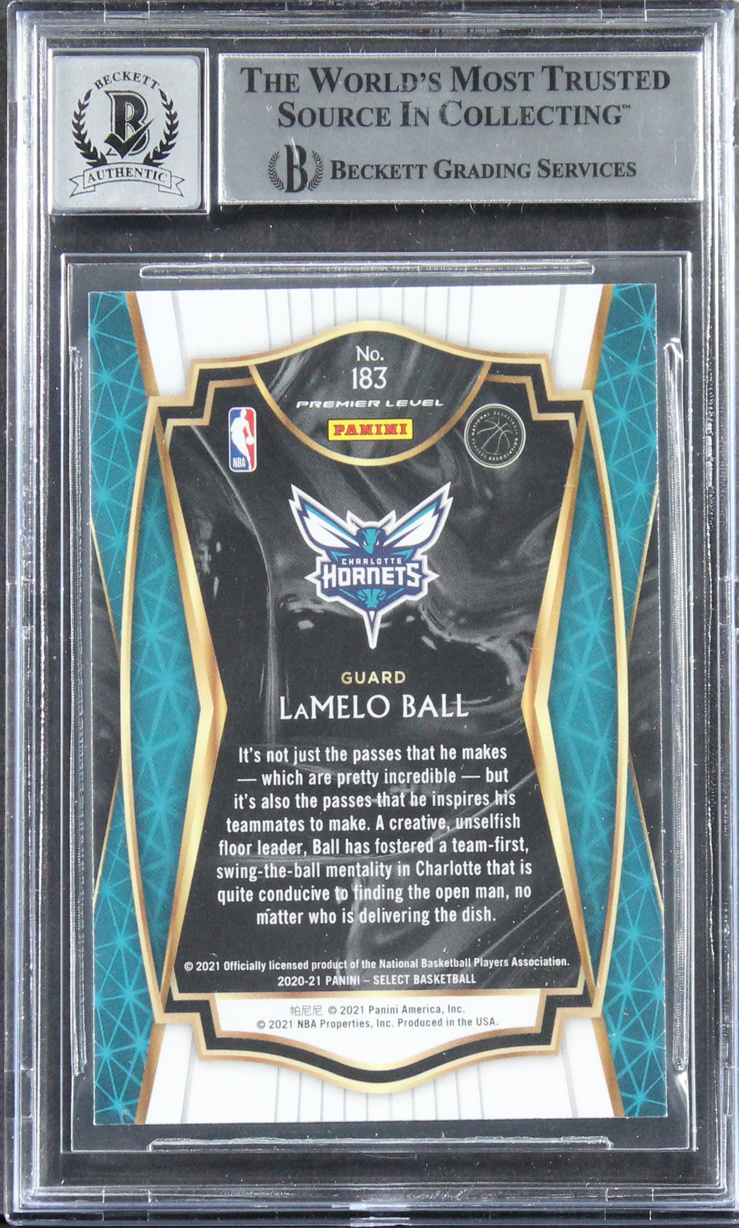 Hornets LaMelo Ball Signed 2020 Select Blue Retail #183 RC Card Auto 10 BAS Slab