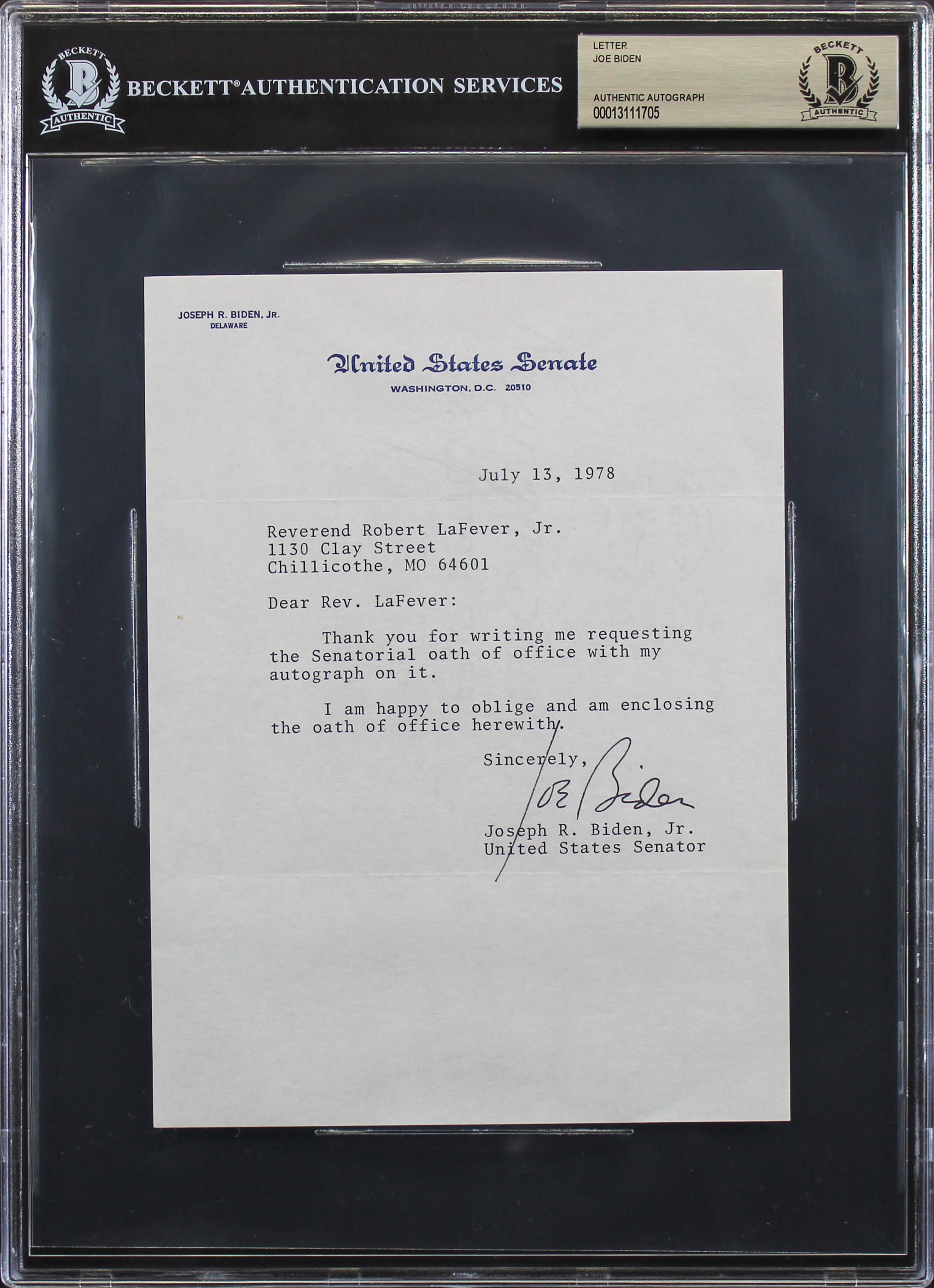 Joe Biden Signed 6x8 Letter On 1978 Senate Office Letterhead BAS Slabbed