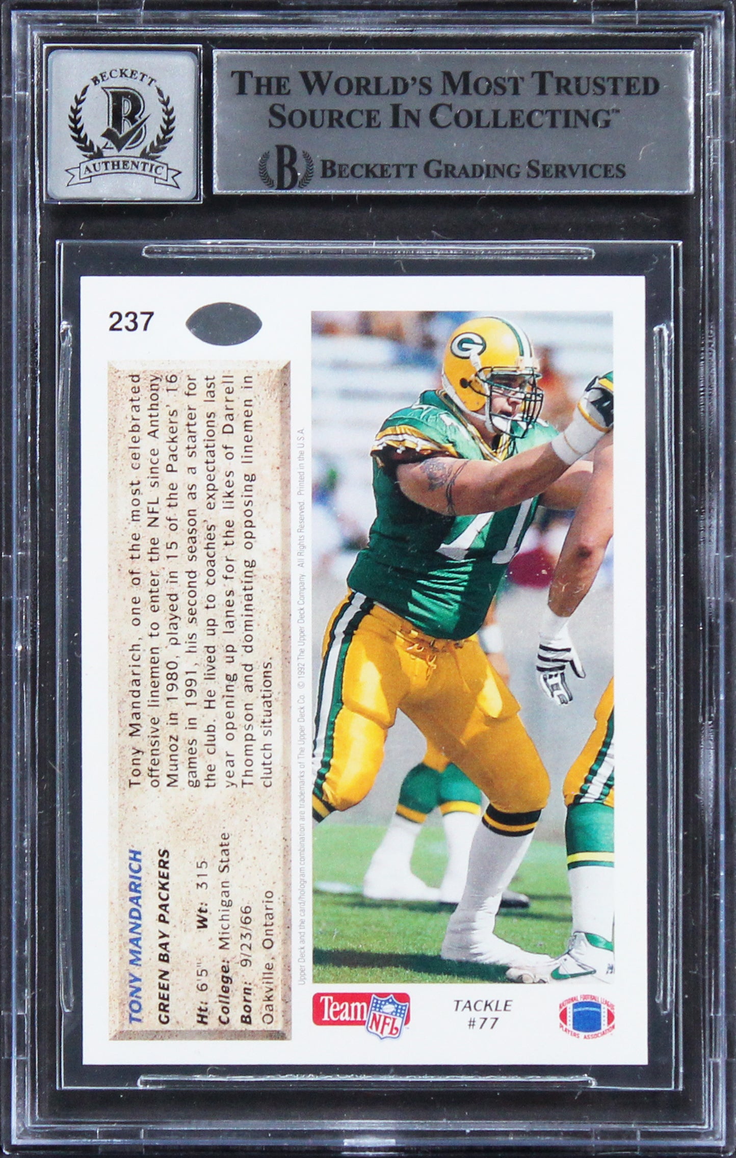 Packers Tony Mandarich Signed 1992 Upper Deck #237 Card Auto 10! BAS Slabbed 2
