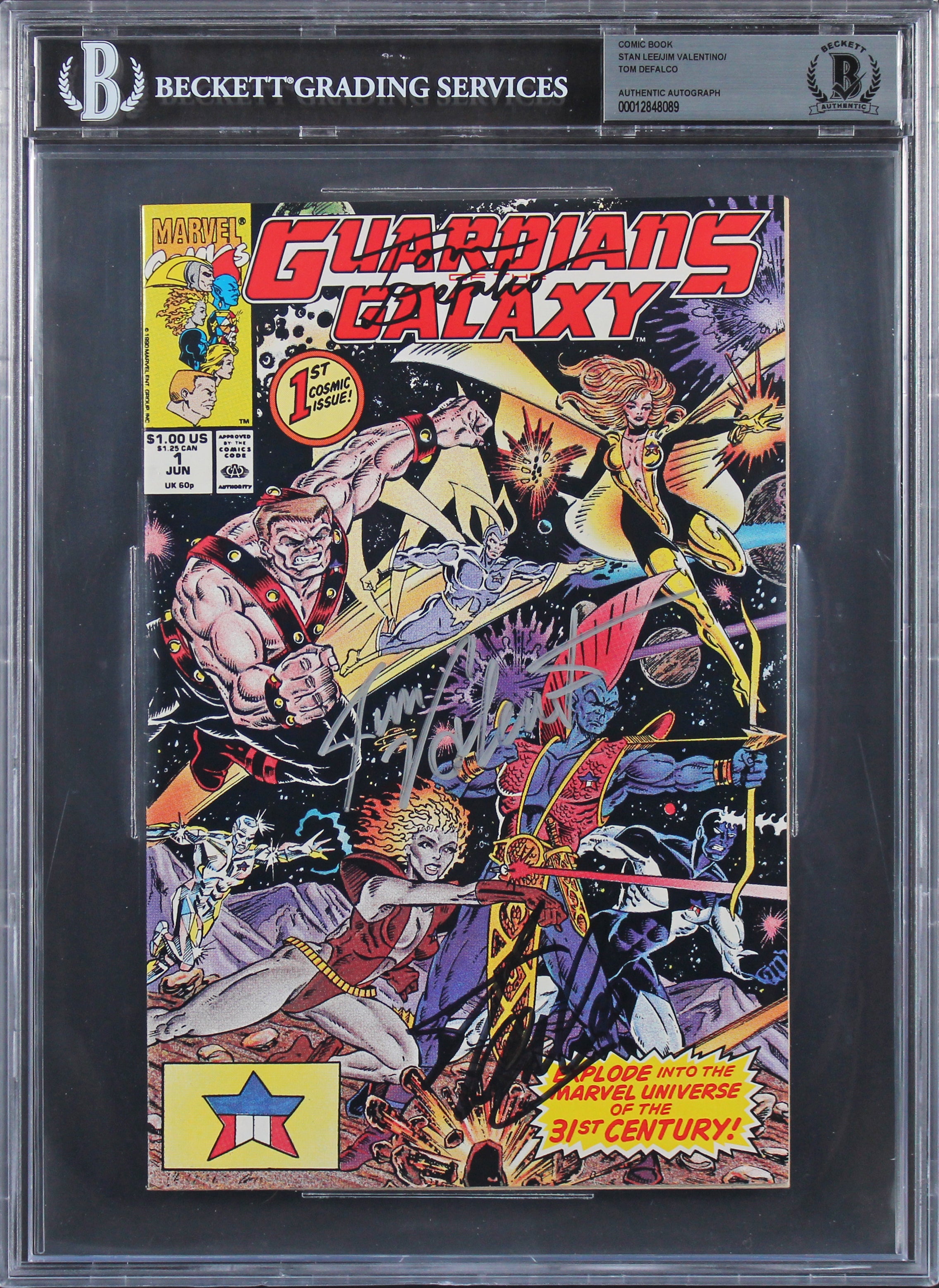 Stan Lee, Valentino & Defalco Signed Guardians Of The Galaxy #1 Comic BAS Slab