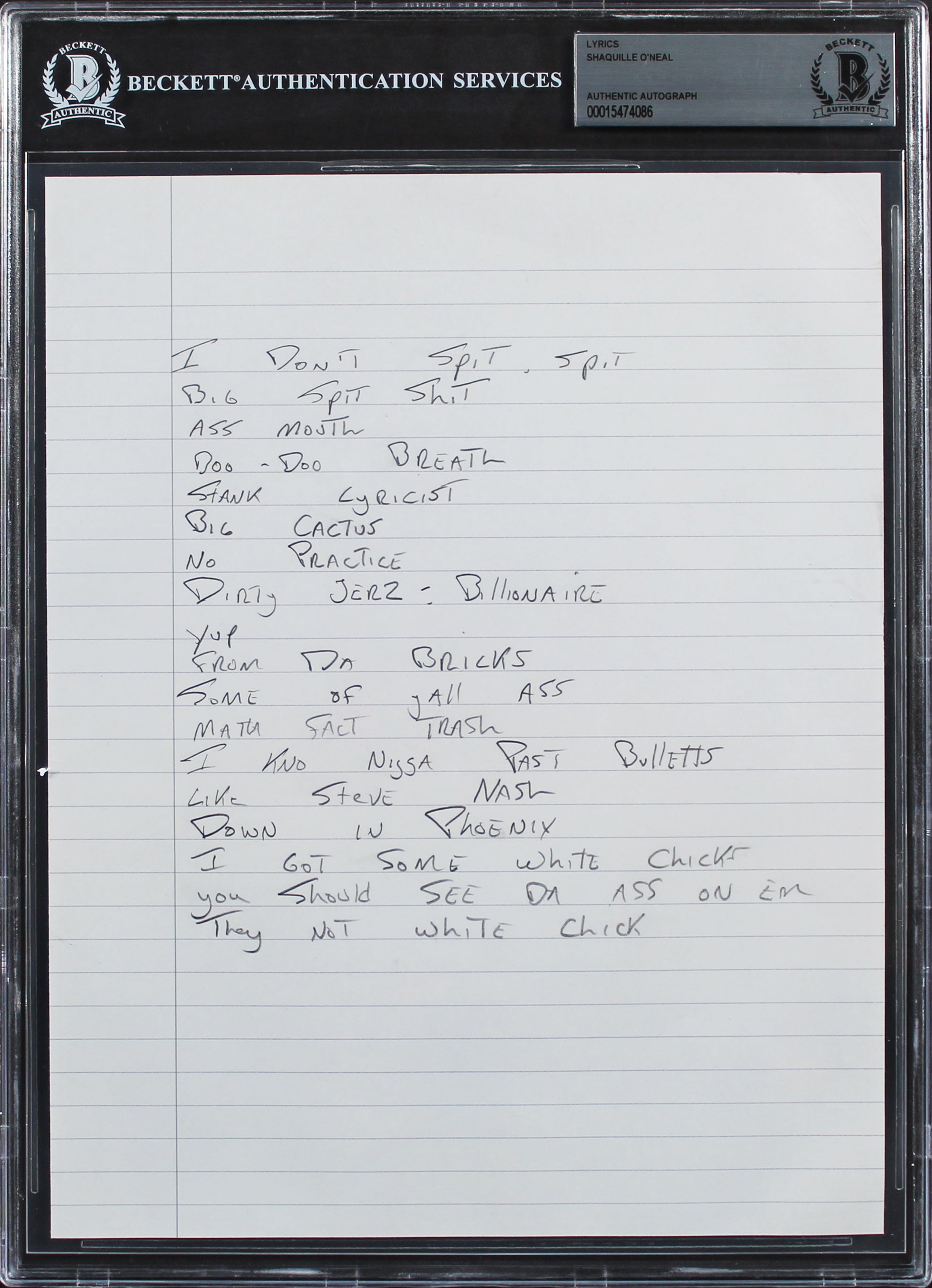 Lakers Shaquille O'Neal Handwritten Lyrics On 8x10 Page BAS Slabbed