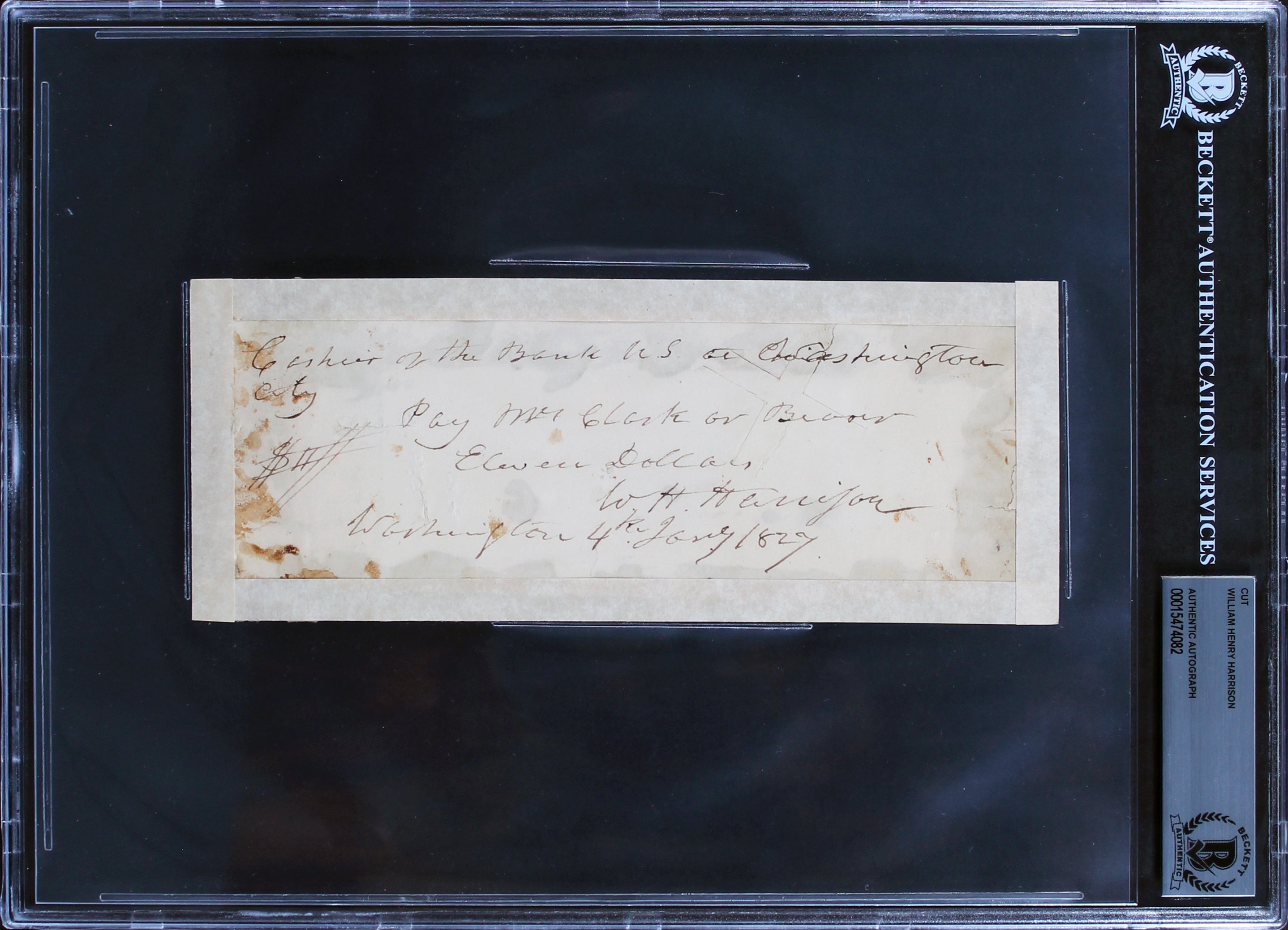 William Henry Harrison Authentic Signed 3.25x8.25 1827 Check BAS Slabbed