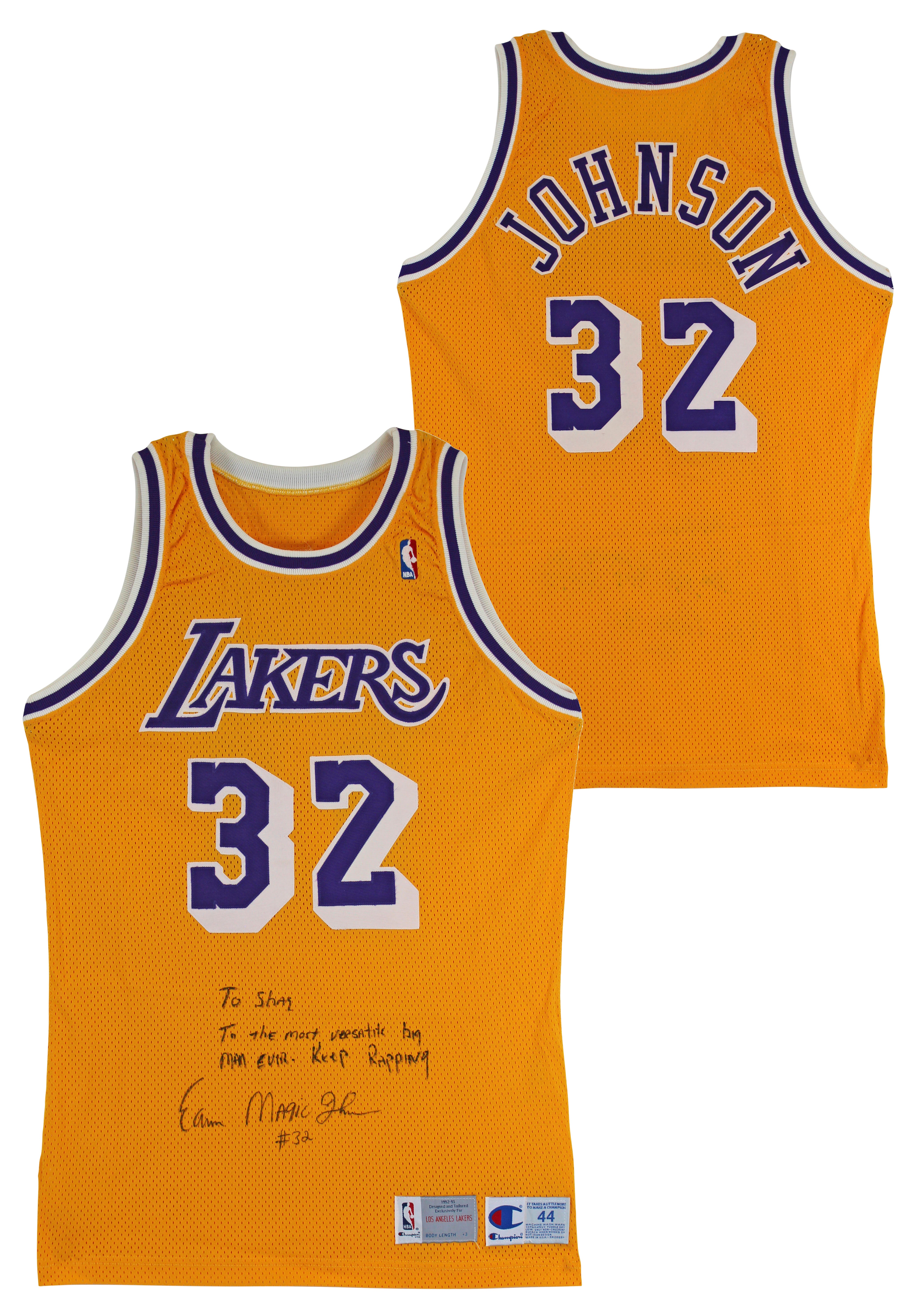 Lakers Magic Johnson "To Shaq" Signed 1992-93 Champion Size 44 Gold Jersey BAS