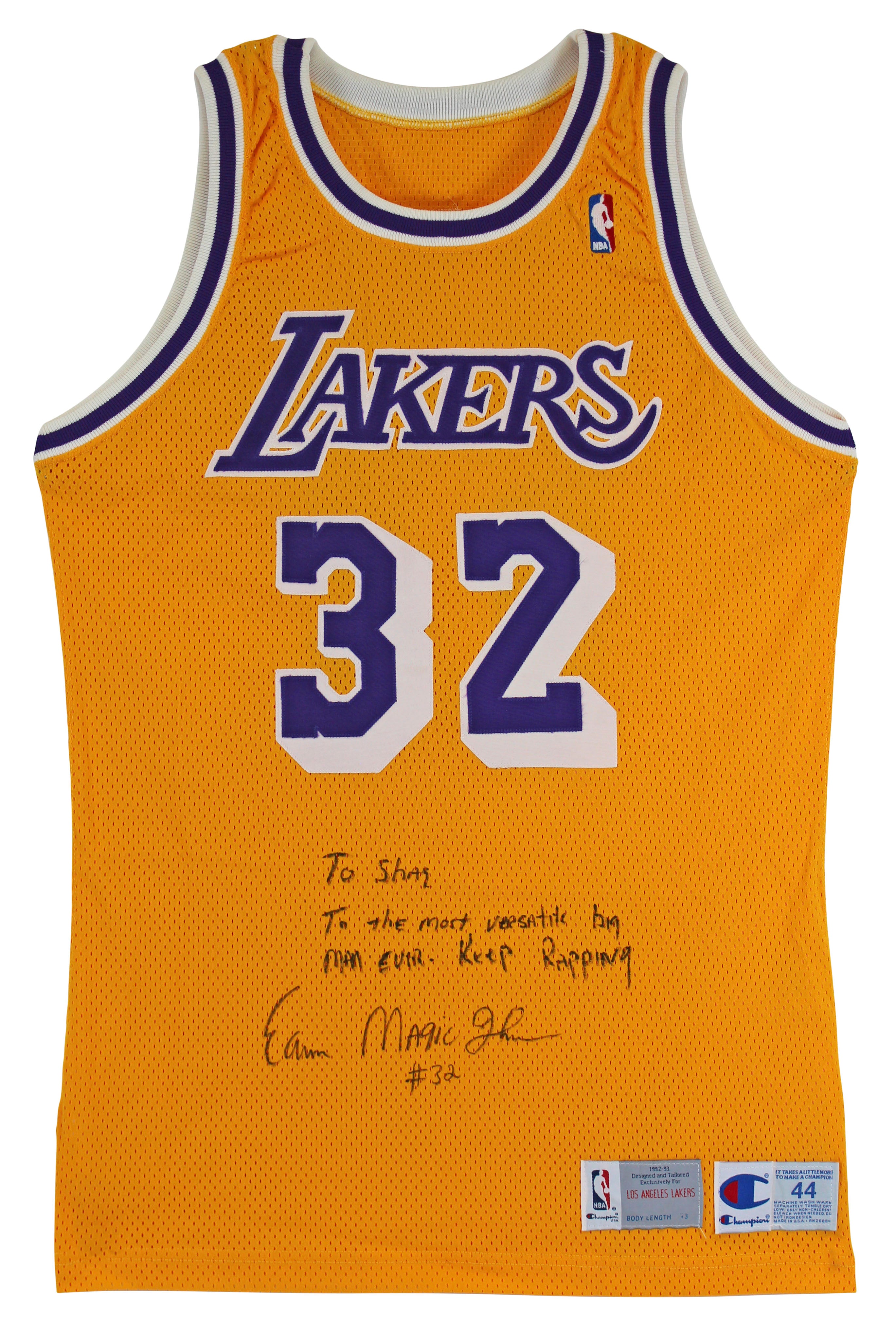 Lakers Magic Johnson "To Shaq" Signed 1992-93 Champion Size 44 Gold Jersey BAS