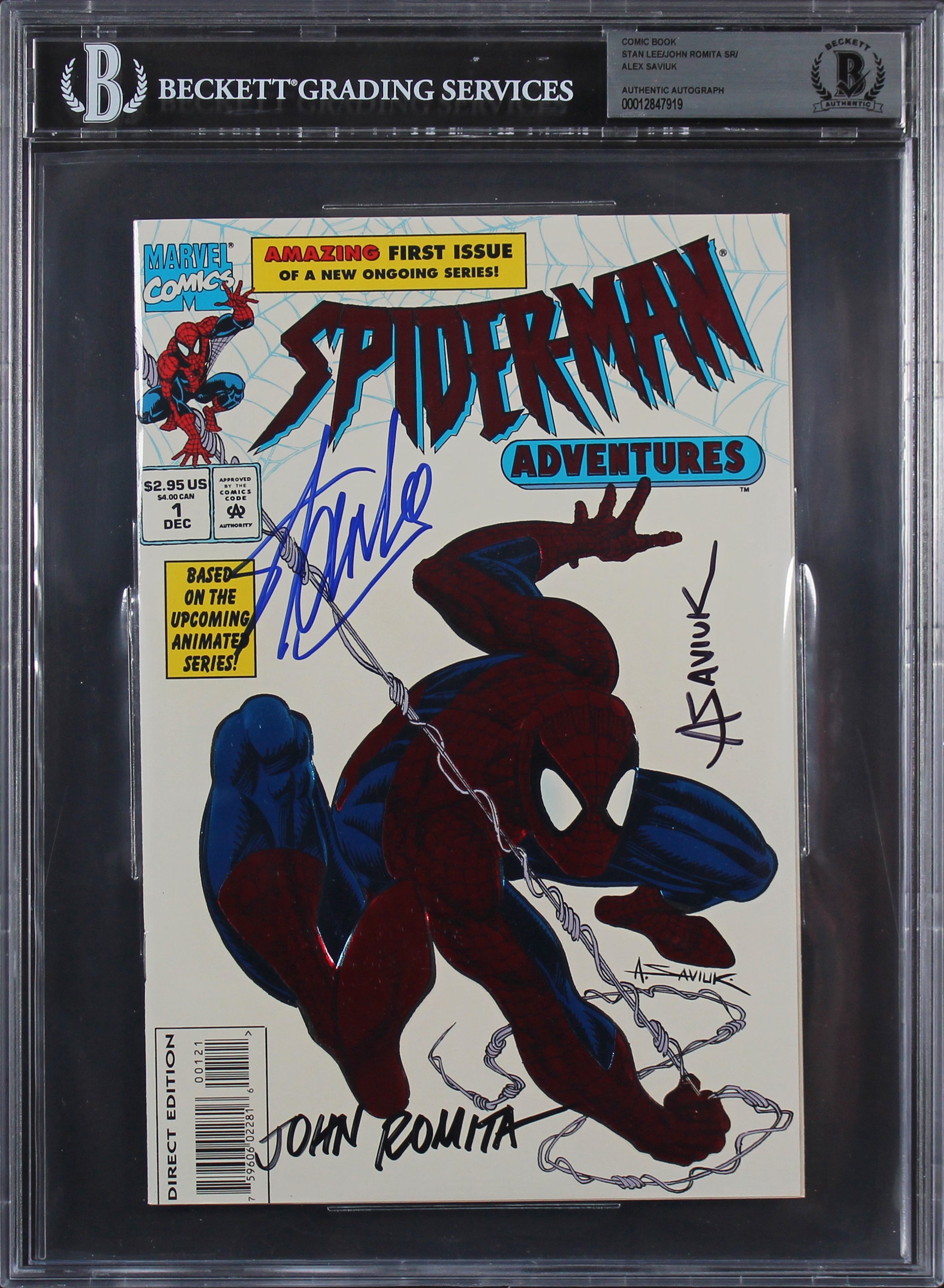 (3) Stan Lee, Romita Sr. & Saviuk Signed Spider-Man Adventures #1 Comic BAS Slab