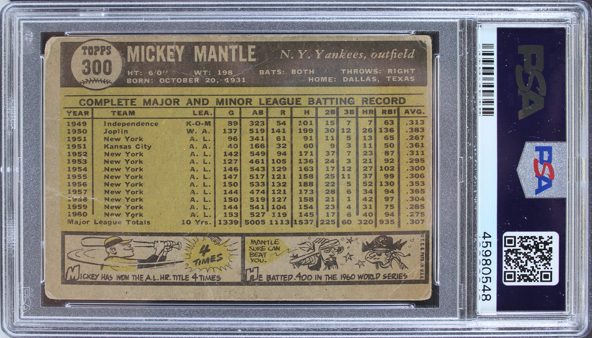 Yankees Mickey Mantle Authentic Signed 1961 Topps #300 Auto Card PSA/DNA Slabbed
