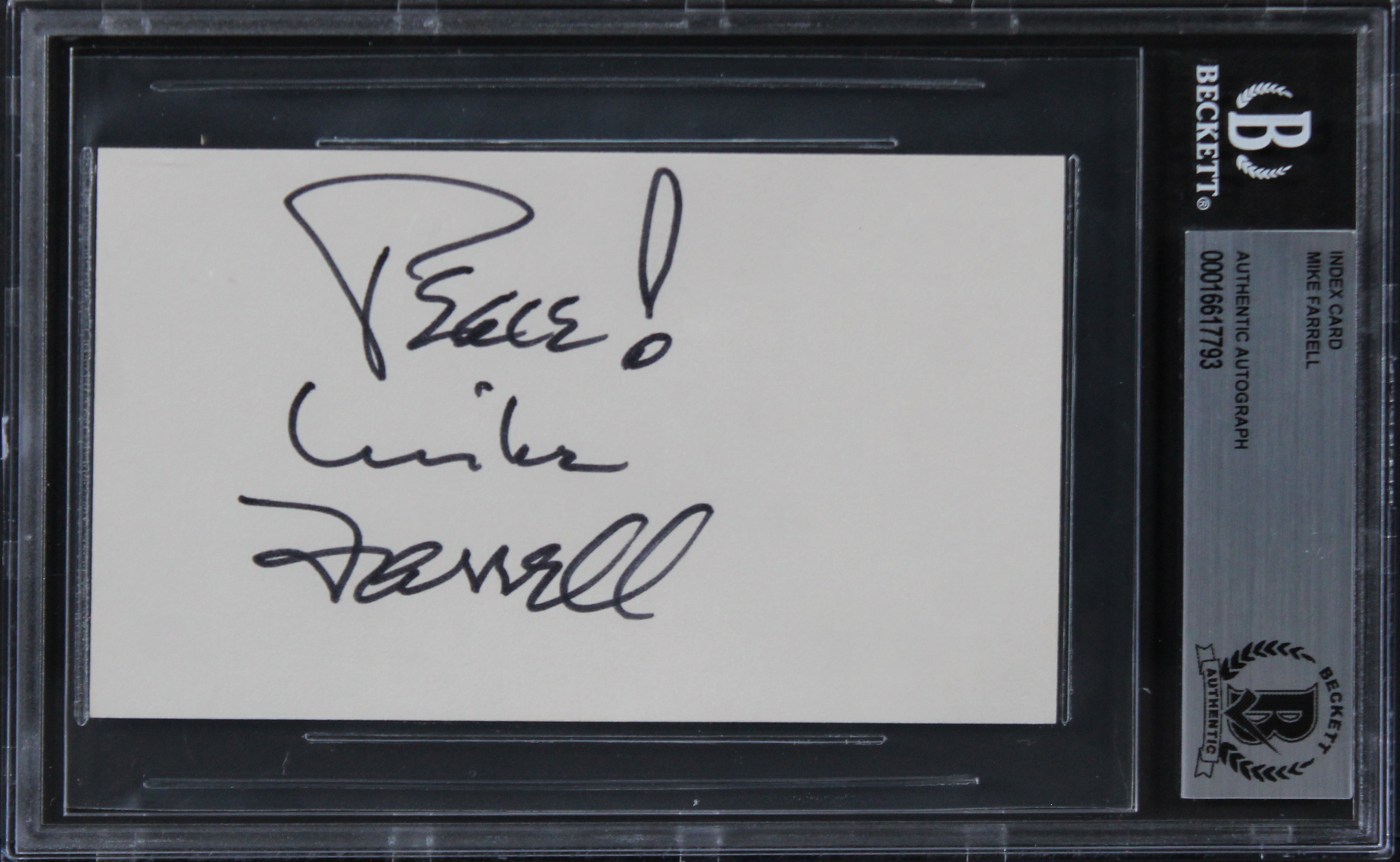 Mike Farrell MASH "Peace" Authentic Signed 3x5 Index Card BAS Slabbed