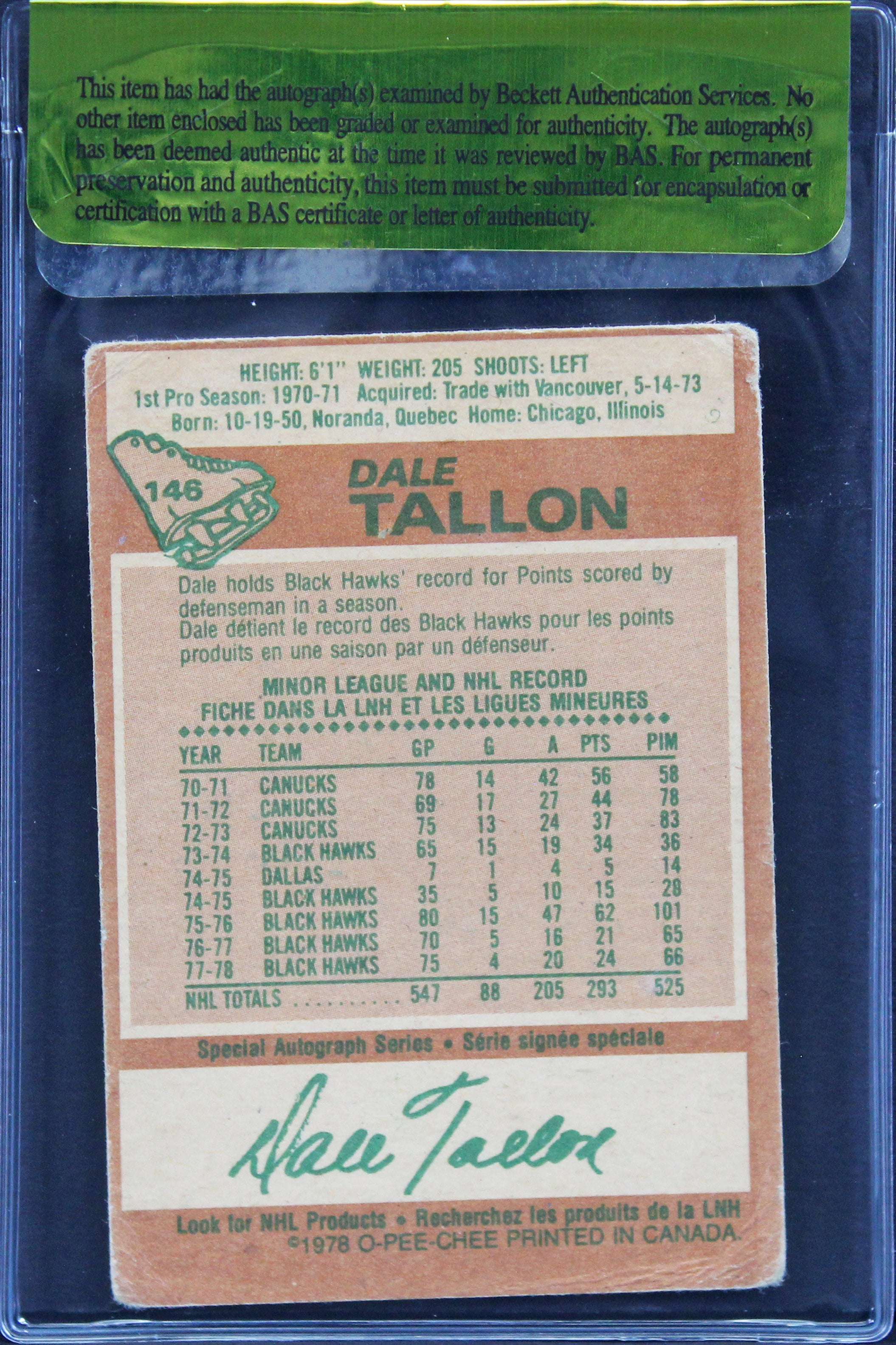 Penguins Dale Tallon Authentic Signed 1978 O-PEE-CHEE #146 Card BAS #11259