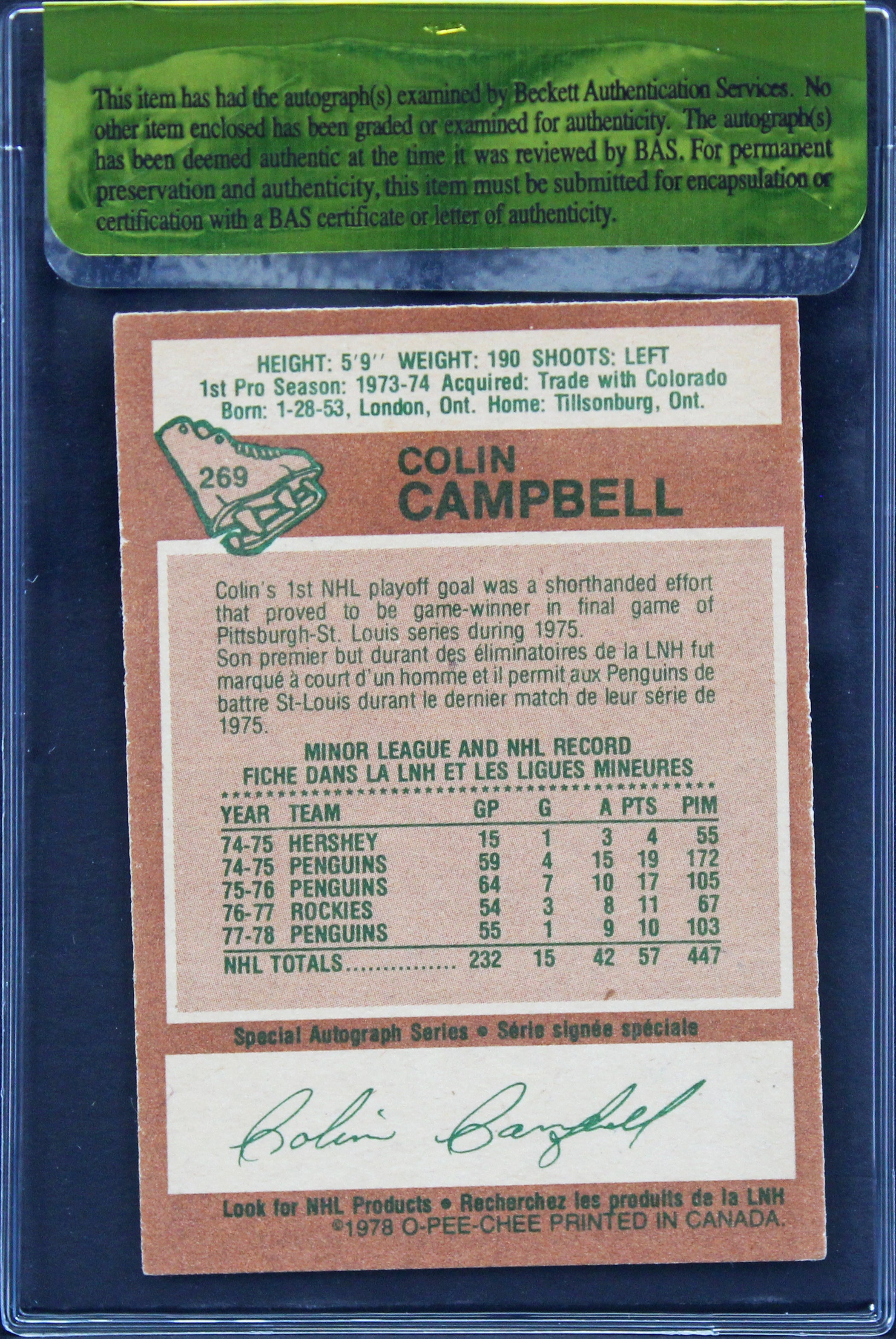 Penguins Colin Campbell Authentic Signed 1978 O-PEE-CHEE #269 Card BAS #11258