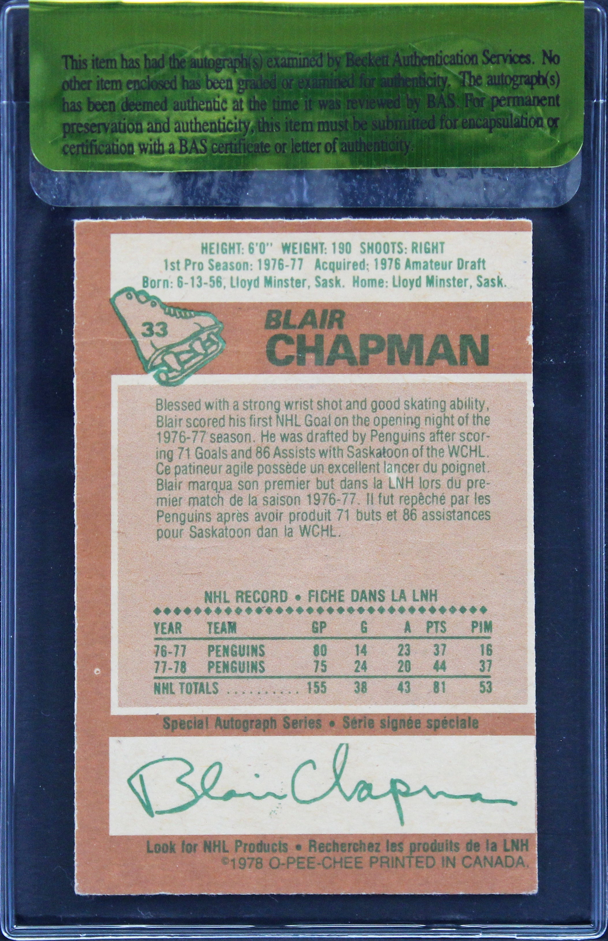Penguins Blair Chapman Authentic Signed 1978 O-PEE-CHEE #33 Card BAS #11257
