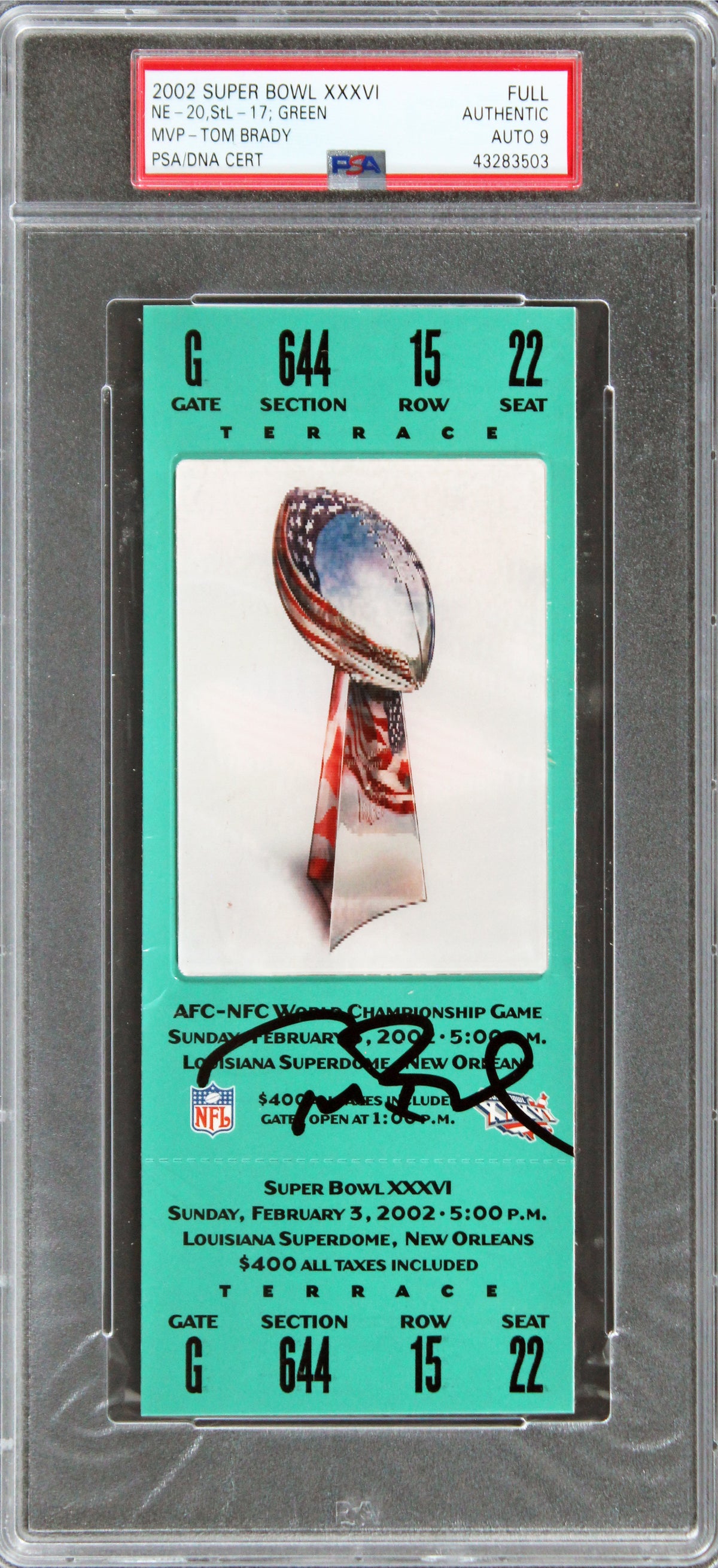 Patriots Tom Brady Signed Super Bowl XXXVI Full Ticket Stub Auto 9! PSA Slabbed