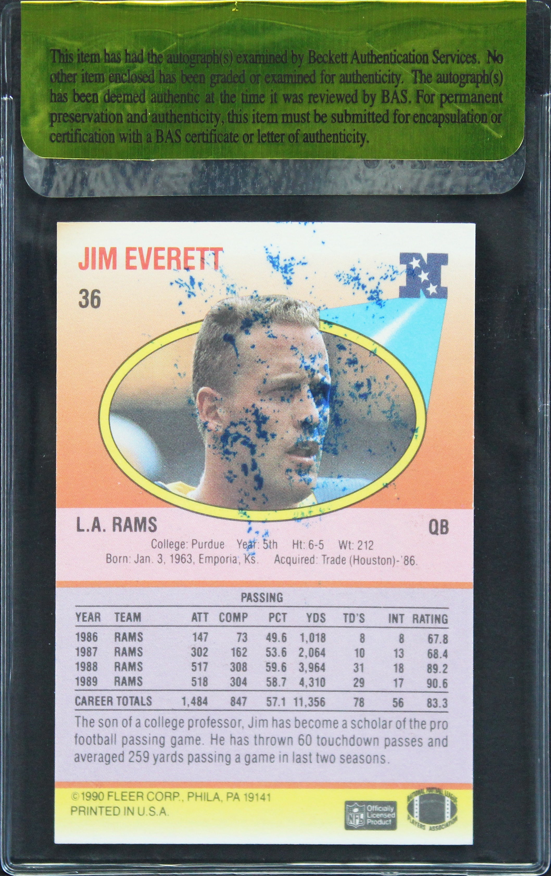 Rams Jim Everett Authentic Signed 1990 Fleer #36 Card Autographed BAS #11246