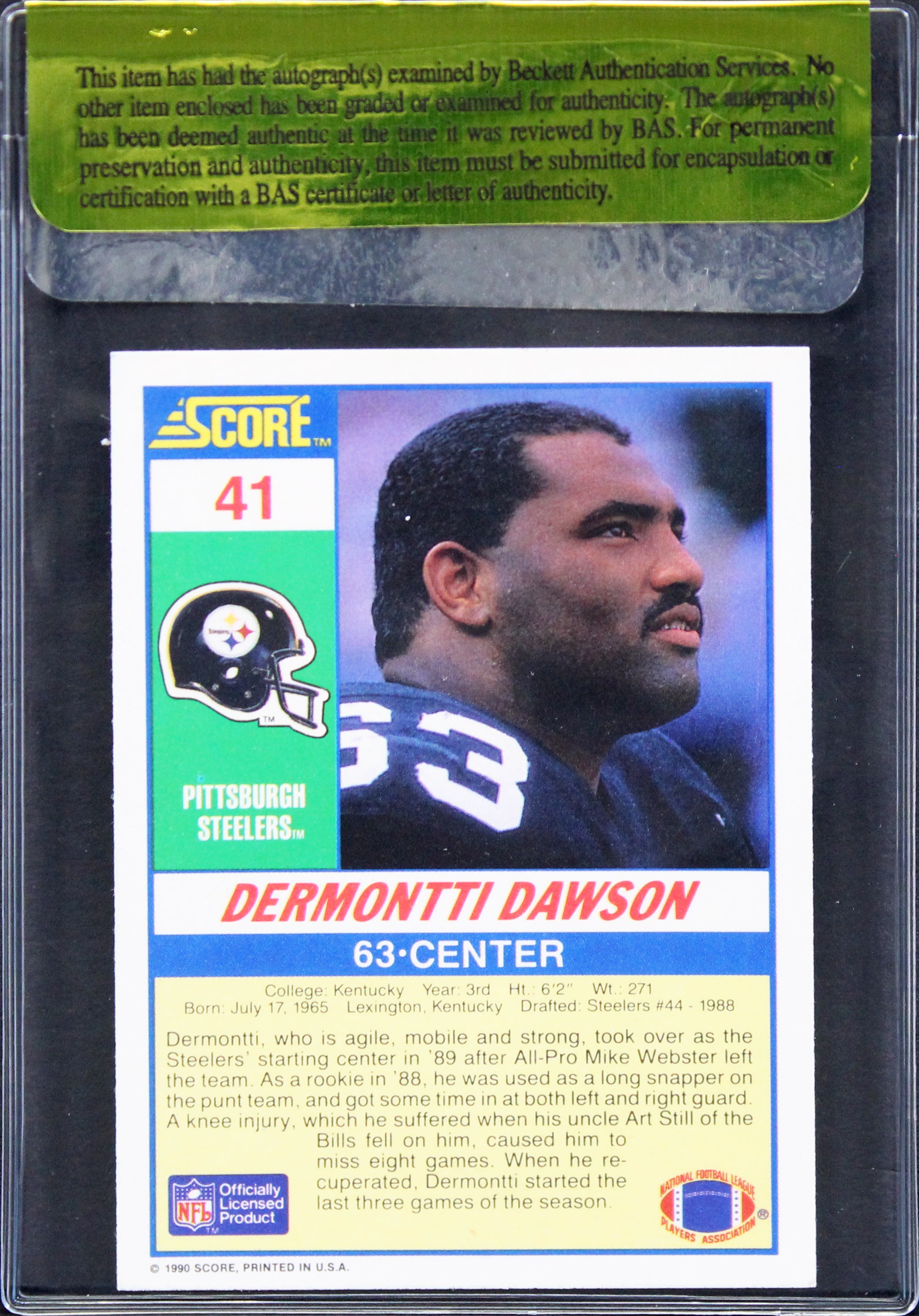 Steelers Dermontti Dawson Authentic Signed 1990 Score #41 Card BAS #11244