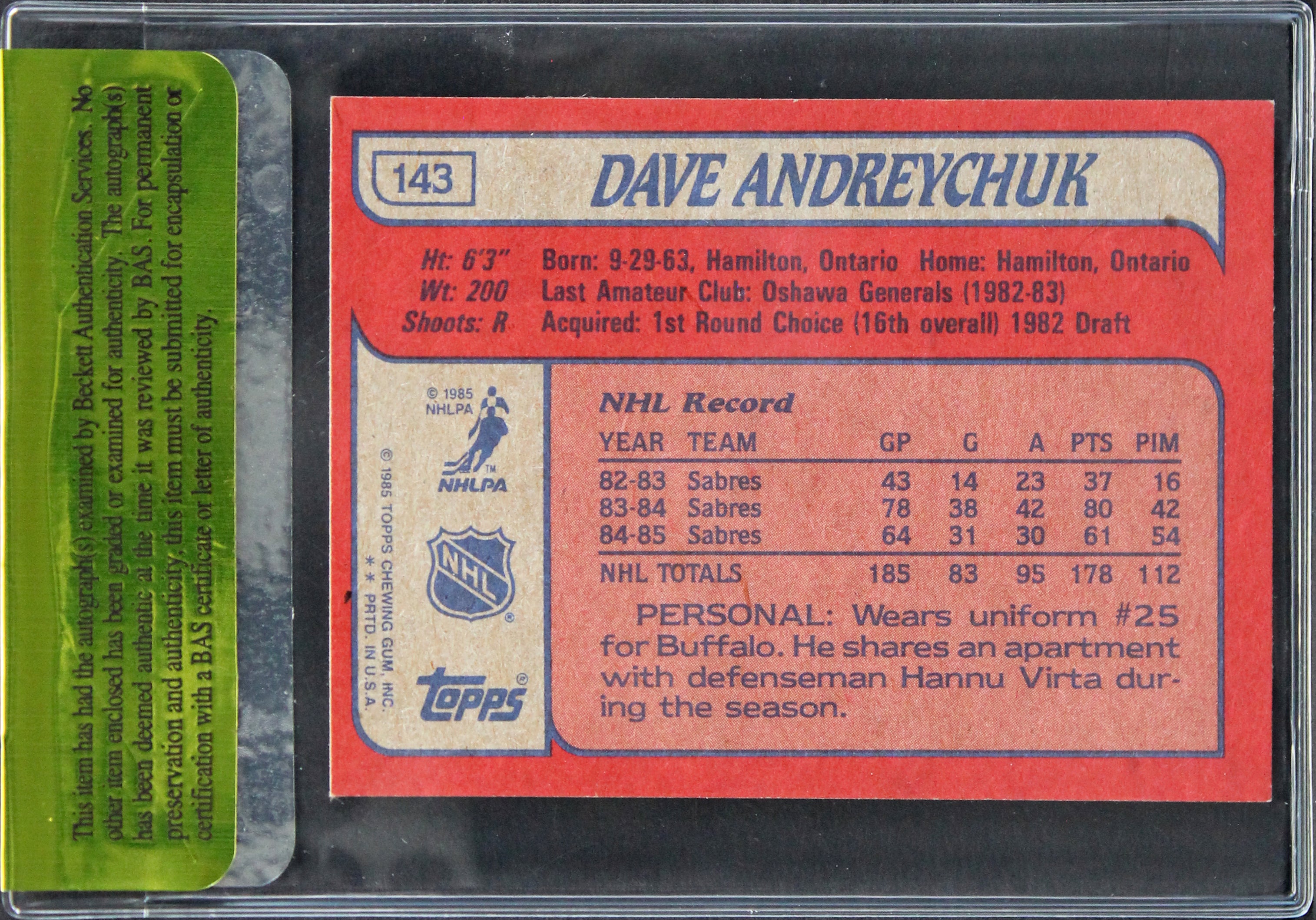Sabres Dave Andreychuk Authentic Signed 1985 Topps #143 Card BAS #11243