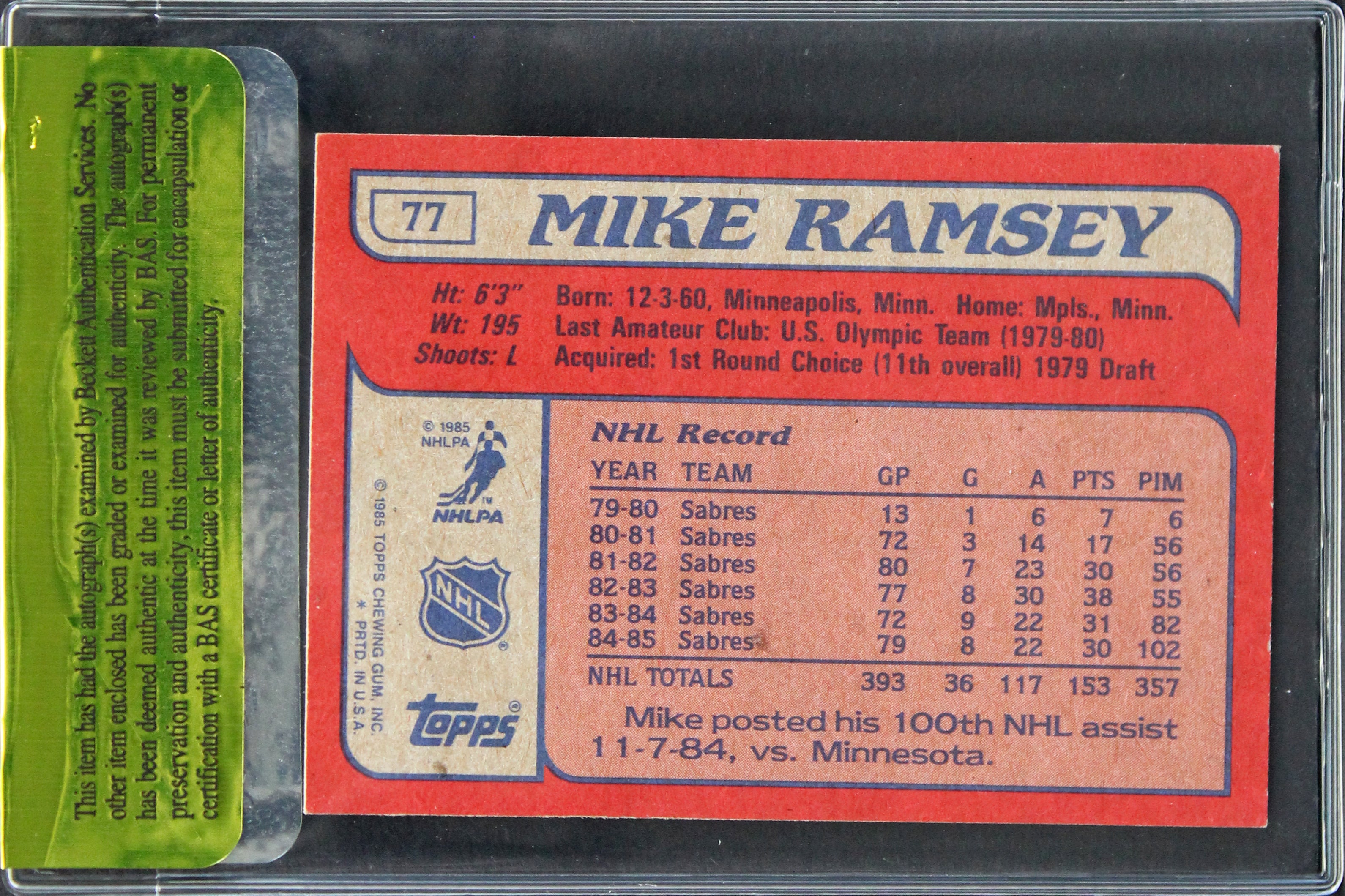 Sabres Mike Ramsey Authentic Signed 1985 Topps #77 Card Autographed BAS #11242