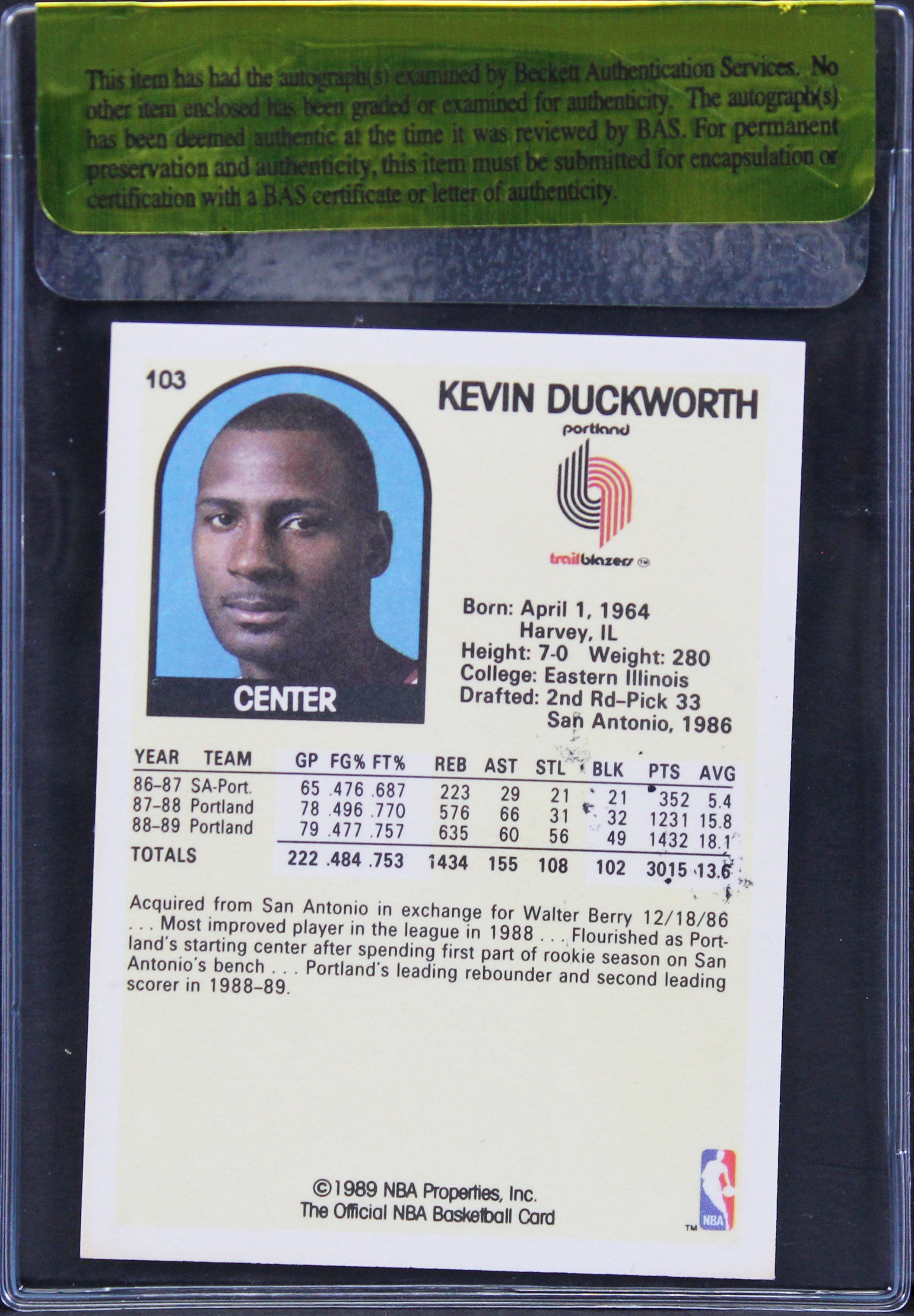 Blazers Kevin Duckworth Authentic Signed 1989 NBA Hoops #103 Card BAS #11239