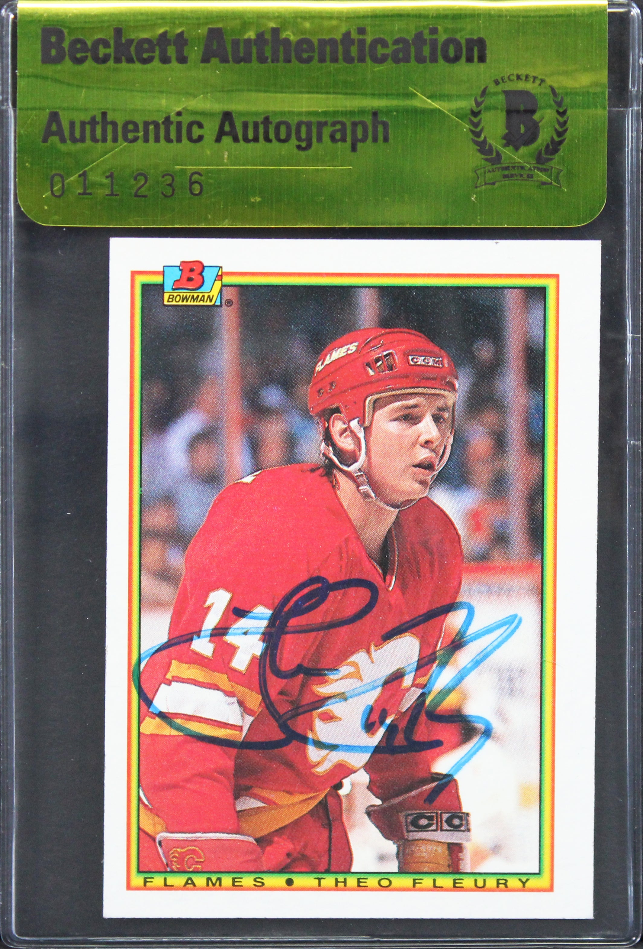 Flames Theo Fleury Authentic Signed 1990 Bowman #102 Card Autographed BAS #11236