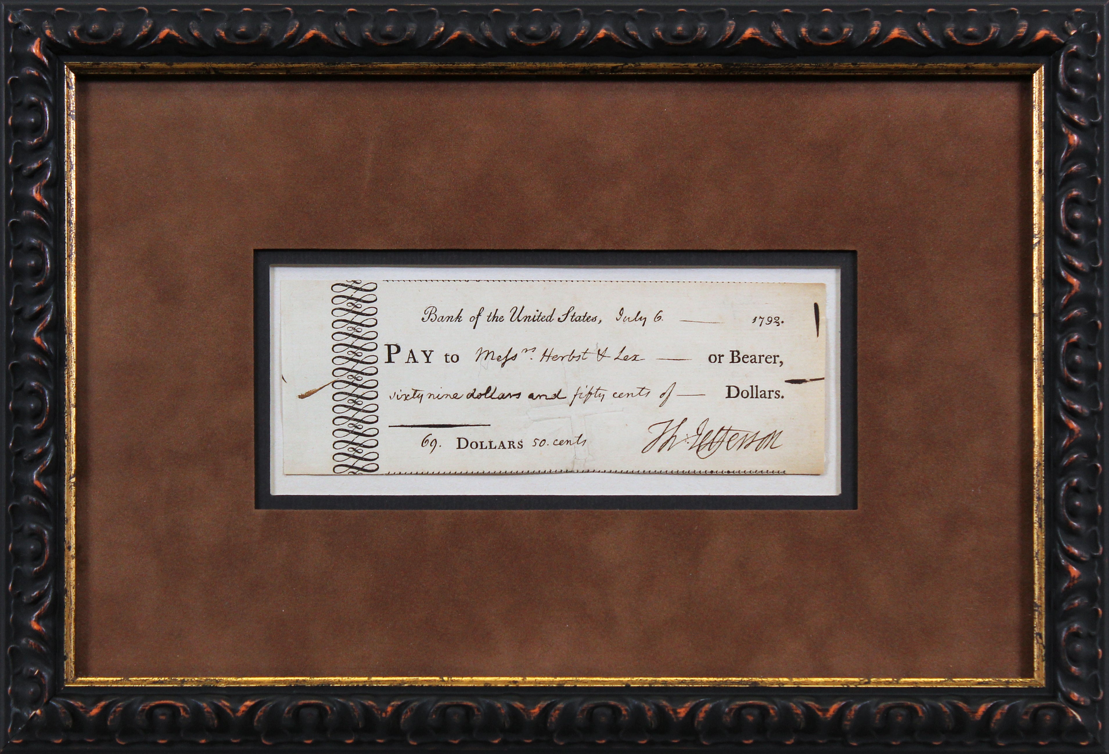 Thomas Jefferson Authentic Signed & Framed 2.5x6.75 1792 Check BAS #AB76863