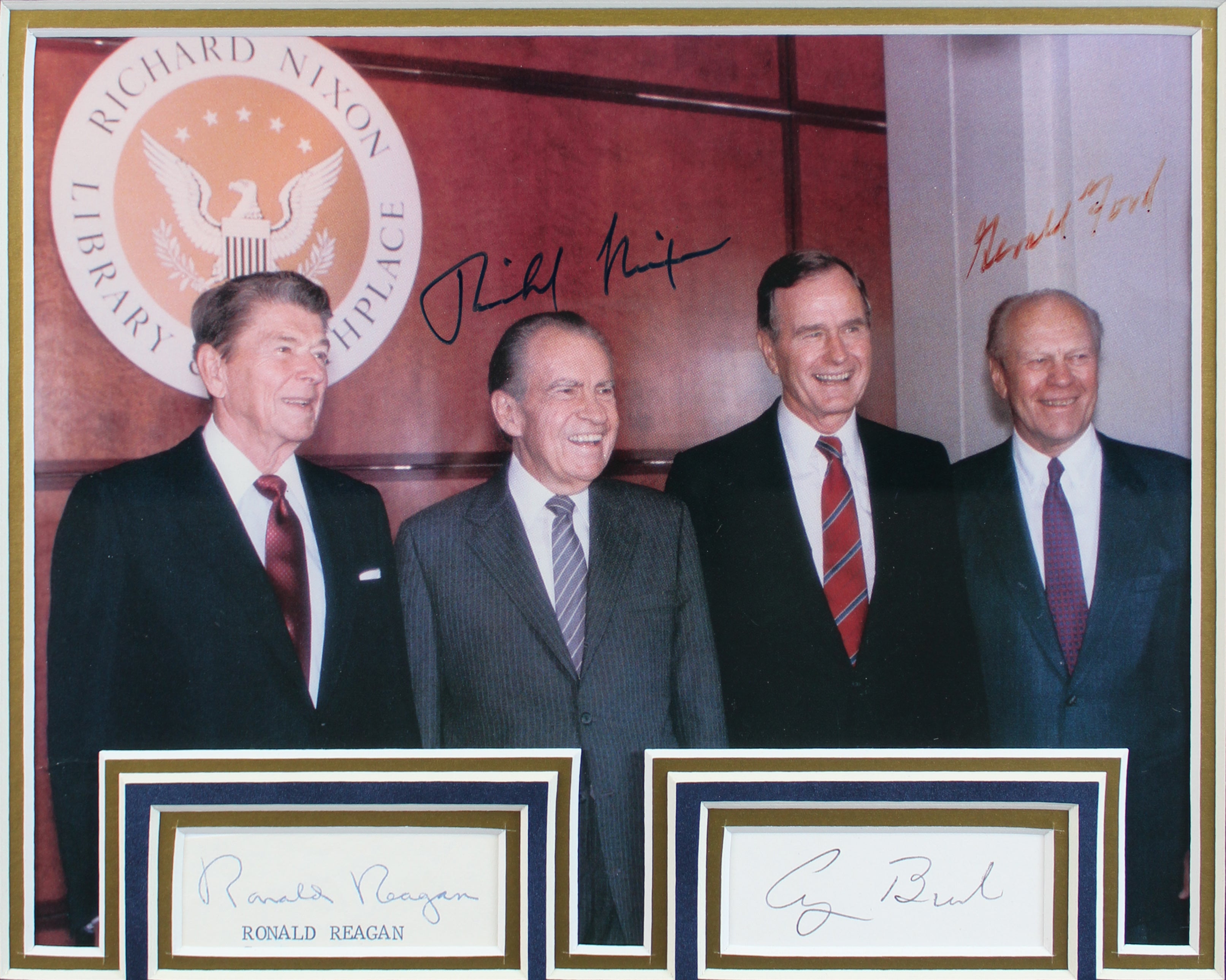 Former Presidents Reagan, Ford, Nixon & Bush Signed Framed Display BAS #AB14242
