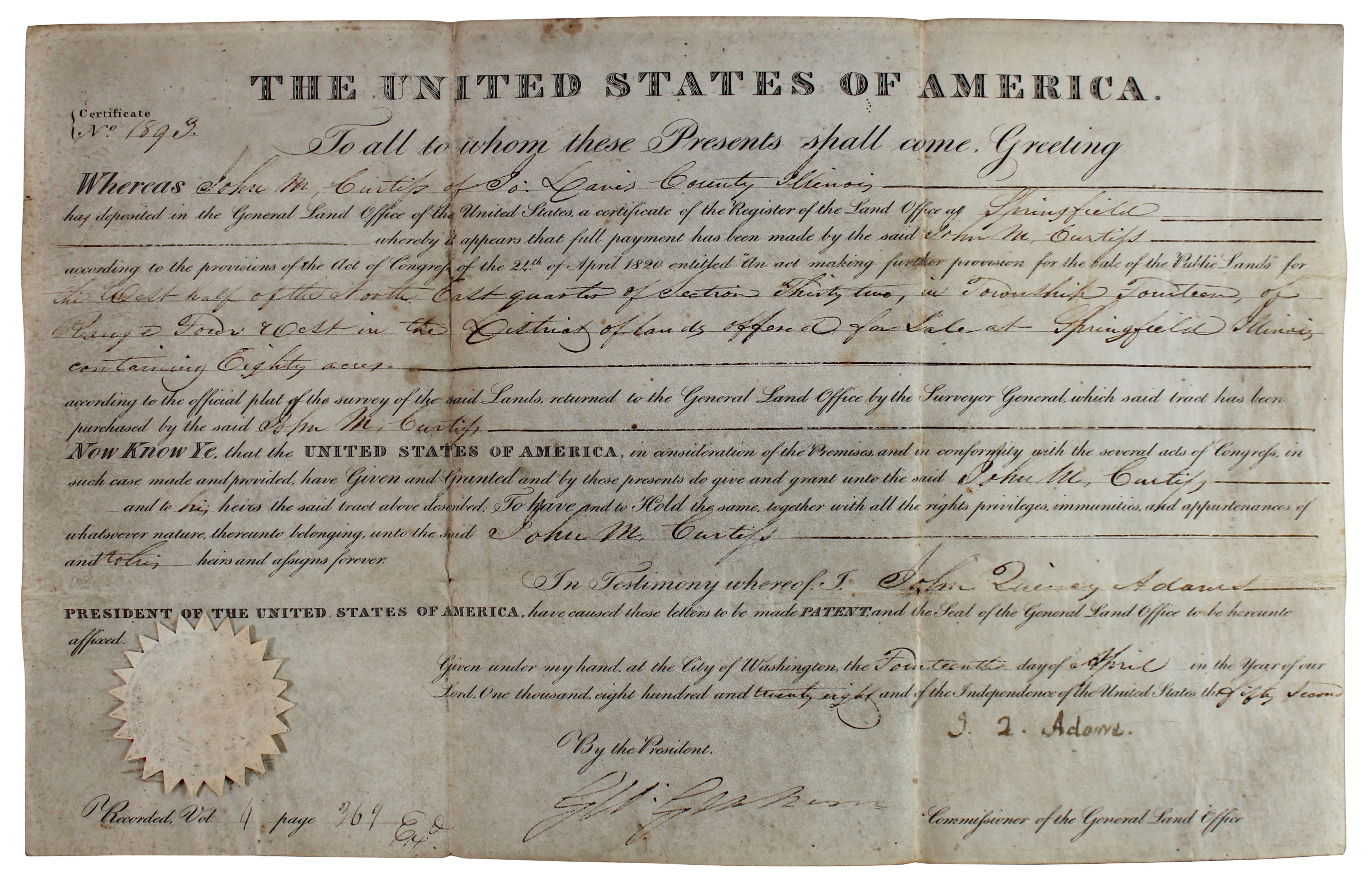 John Quincy Adams Authentic Signed 9.75x15.5 1828 Land Grant BAS #AB77799