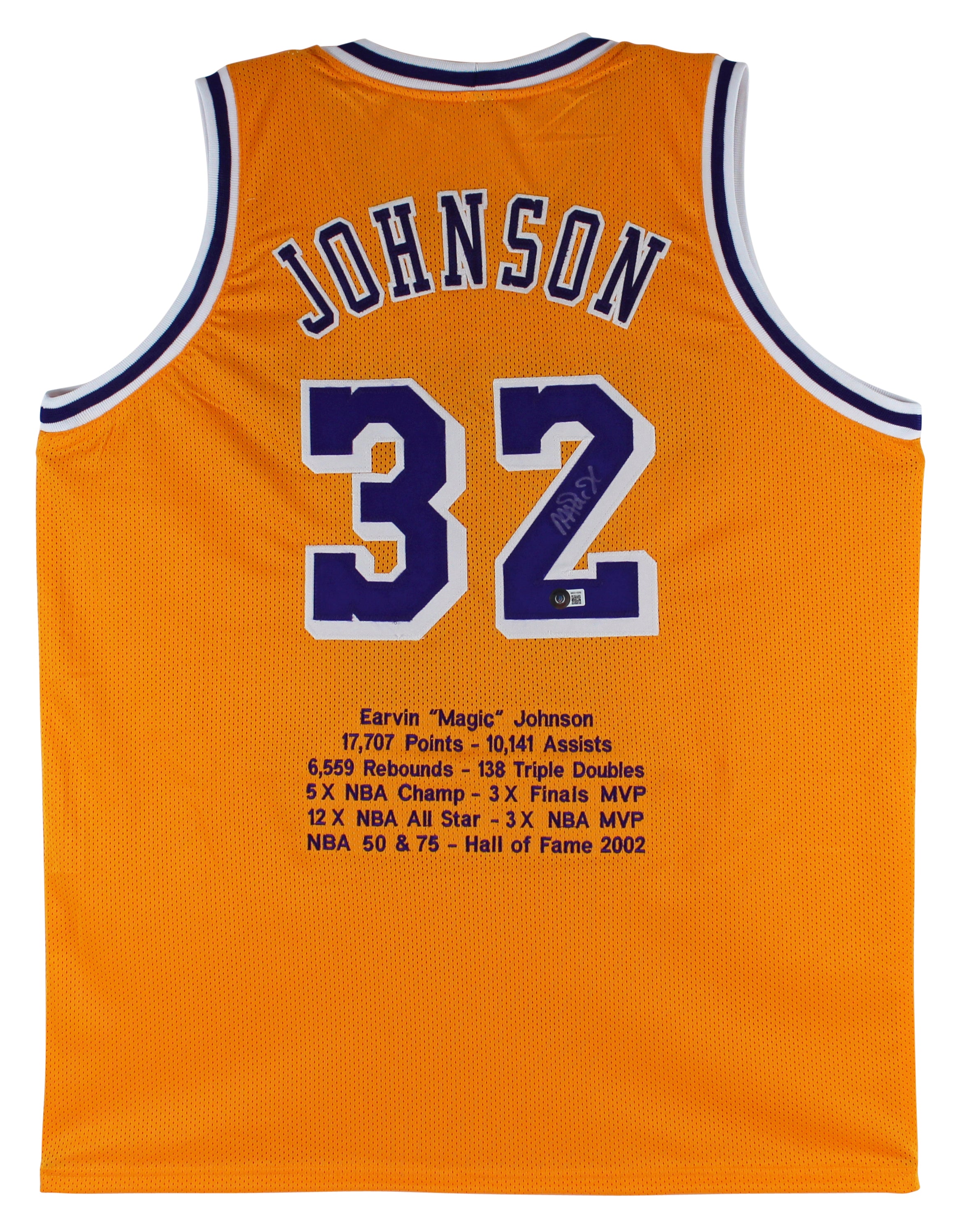 Magic Johnson Authentic Signed Yellow Pro Style Jersey w/ Stats BAS Witnessed