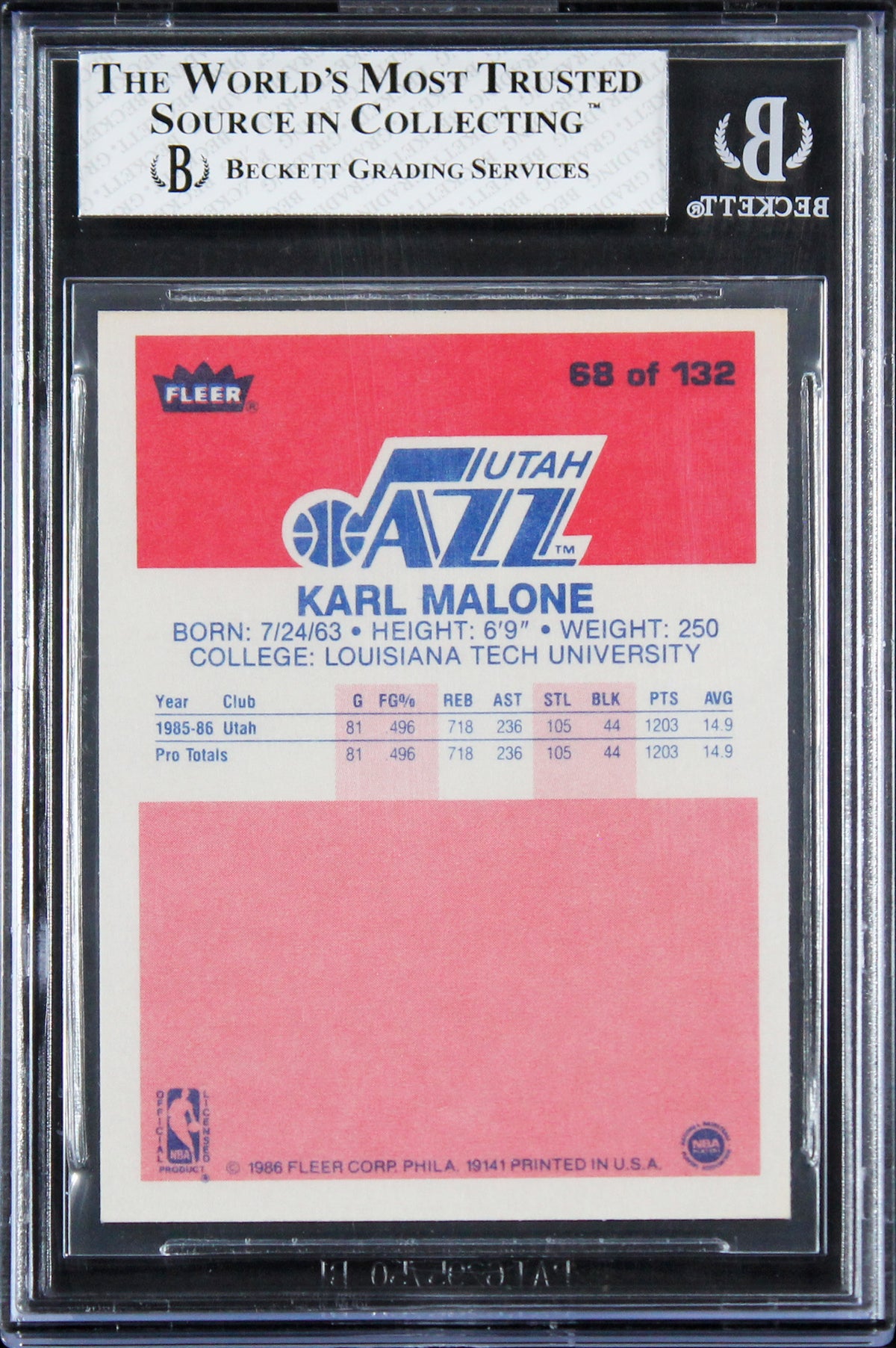 Jazz Karl Malone 1986 Fleer #68 Card Graded NM-MT 8 BGS Slabbed