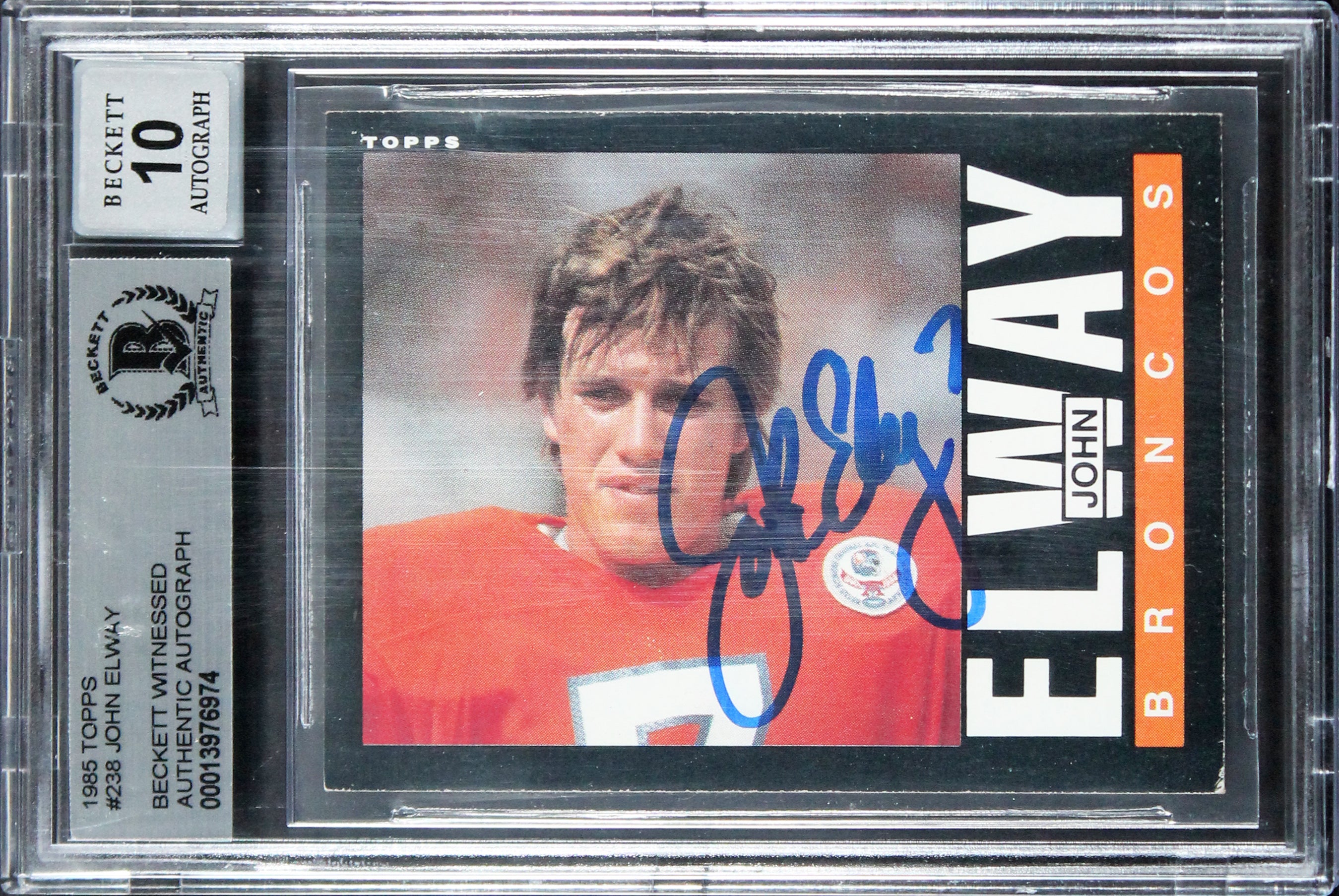 Broncos John Elway Authentic Signed 1985 Topps #238 Card Auto 10! BAS Slabbed 1