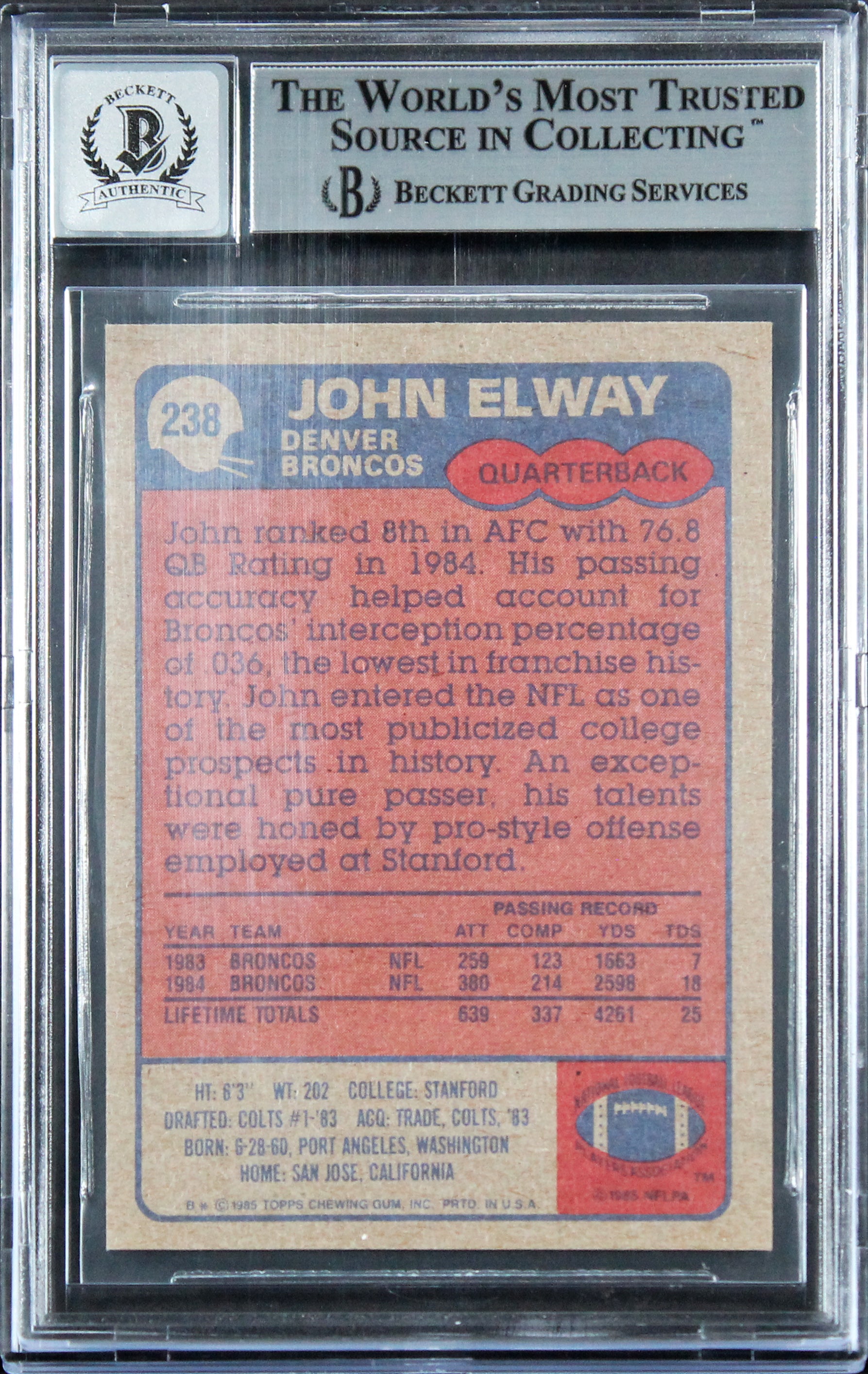 Broncos John Elway Authentic Signed 1985 Topps #238 Card Auto 10! BAS Slabbed 1