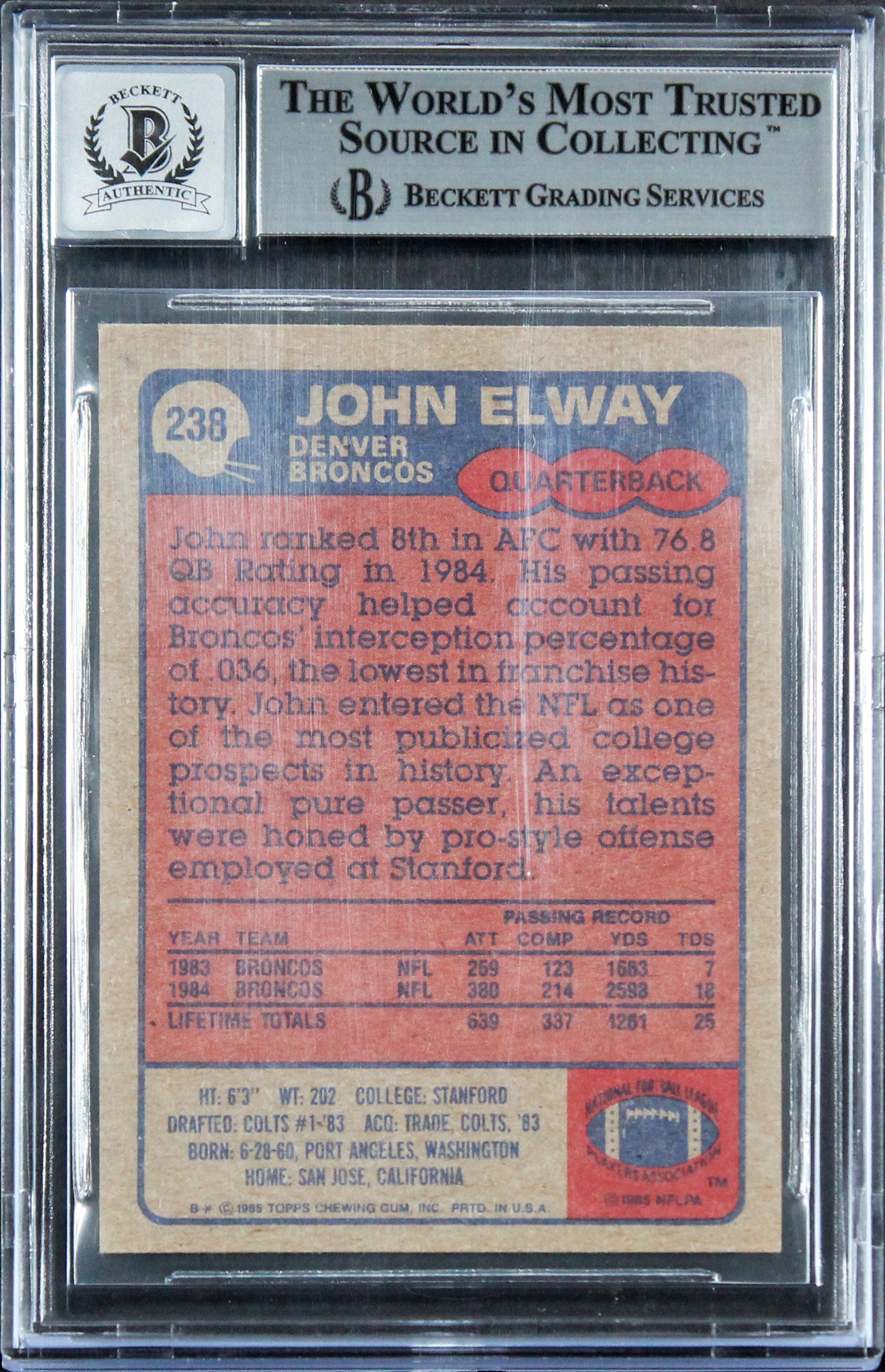 Broncos John Elway Authentic Signed 1985 Topps #238 Card Auto 10! BAS Slabbed 2