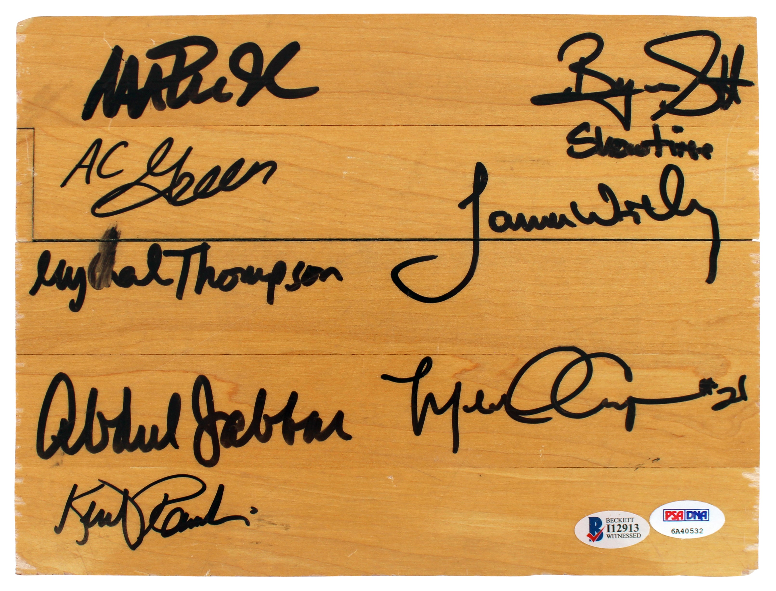 Showtime Lakers (8) Magic, Kareem +6 Signed 8x10 Forum Floorboard PSA & BAS 1