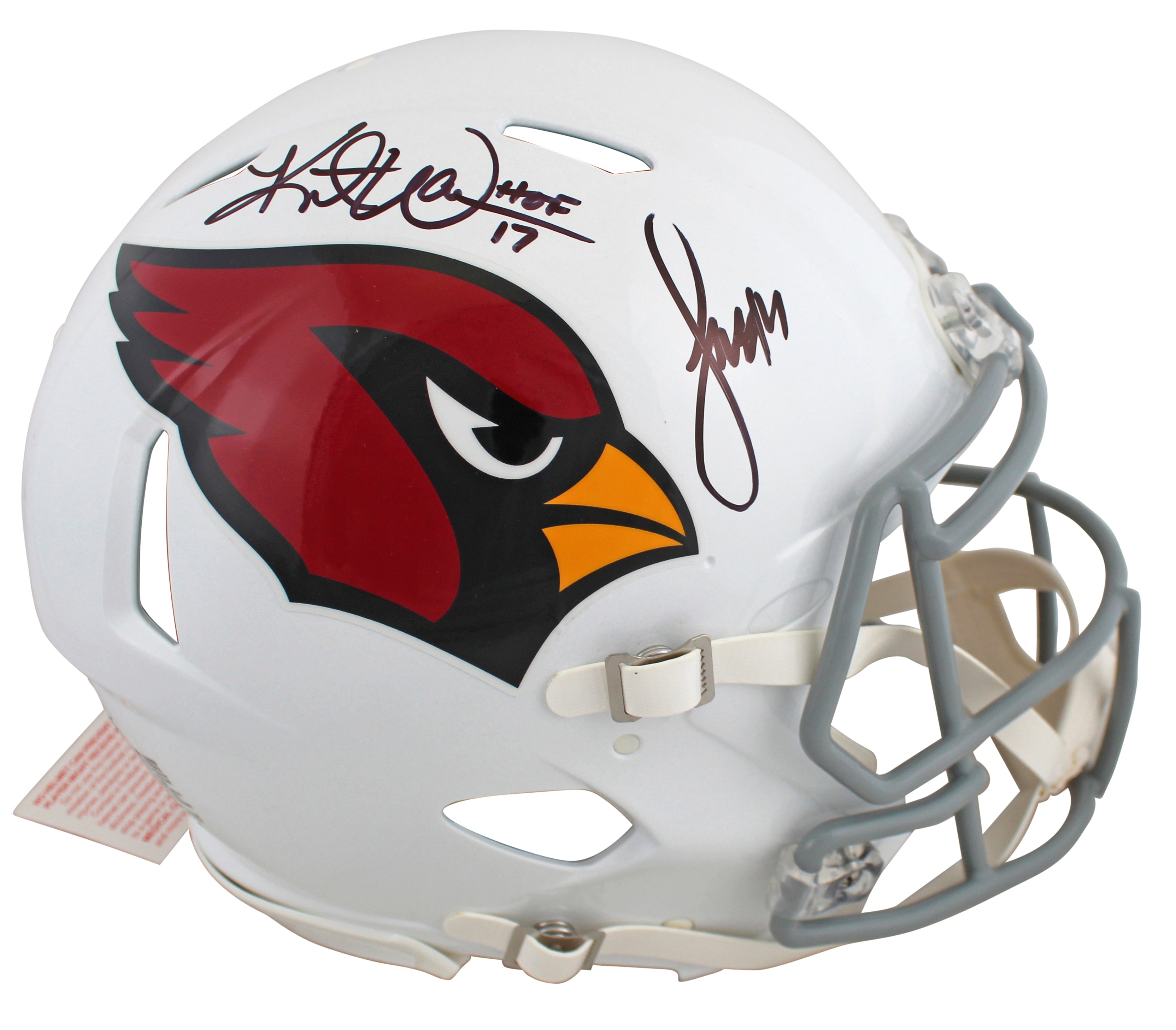 Cardinals Kurt Warner & Larry Fitzgerald Signed F/S Speed Proline Helmet BAS Wit