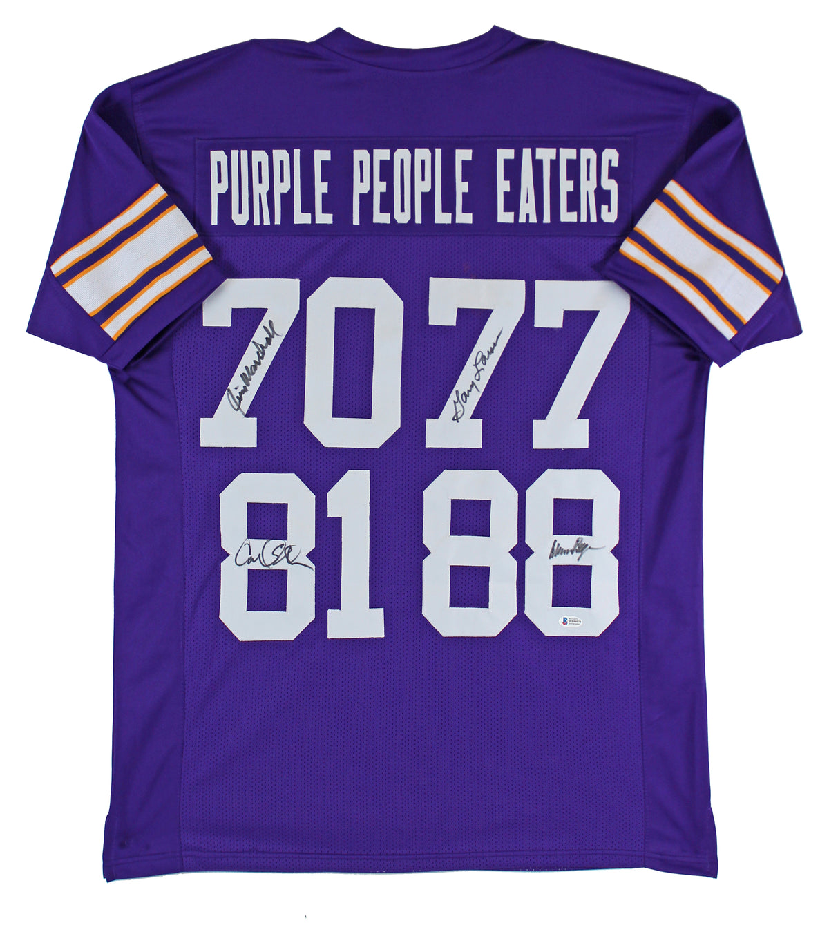 Purple People Eaters 4 Page, Marshall, Eller, Larsen Signed Pro Style Jersey BAS
