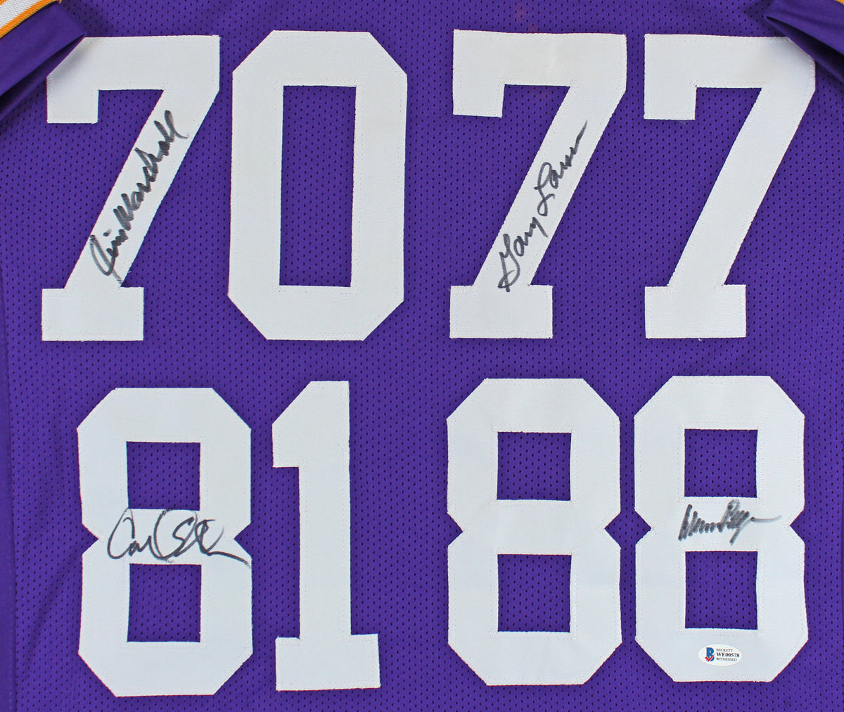 Purple People Eaters 4 Page, Marshall, Eller, Larsen Signed Pro Style Jersey BAS