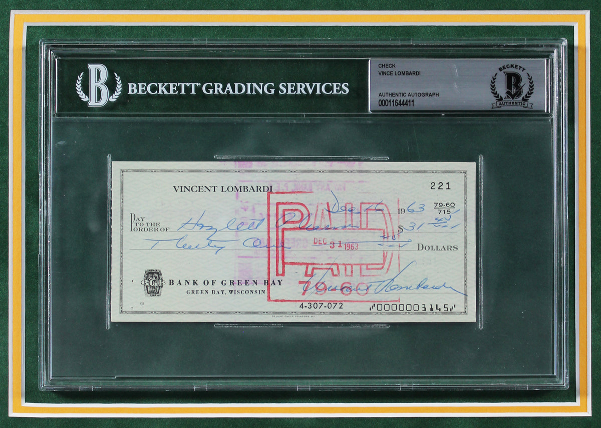 Packers Vince Lombardi Signed & Framed 2.75x6.25 1963 Personal Check BAS Slab