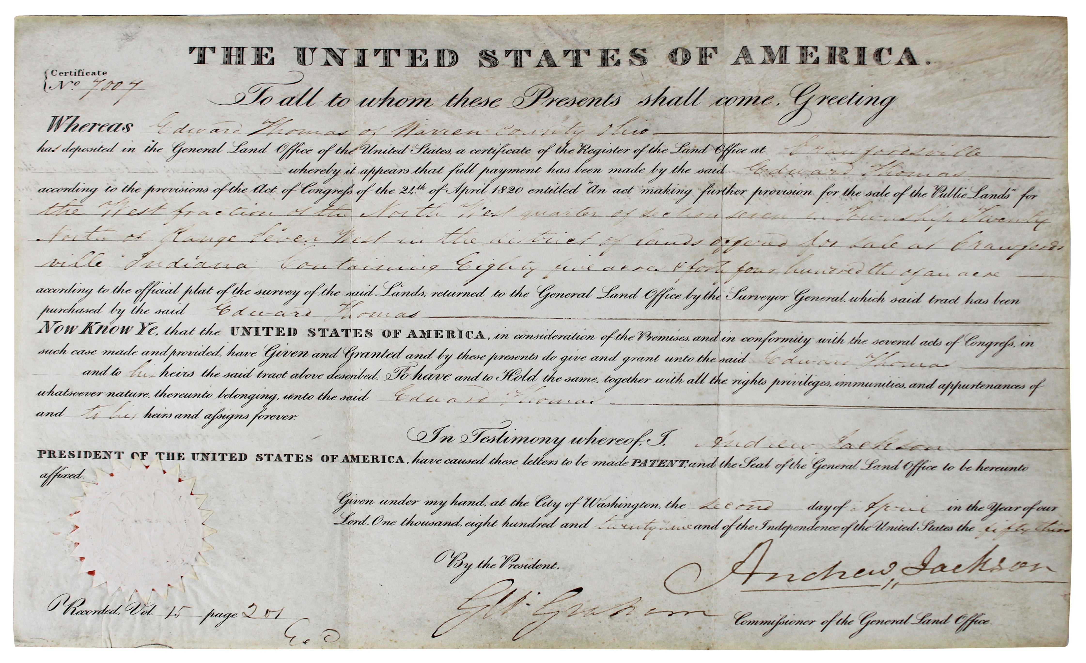 Andrew Jackson Authentic Signed 9.25x15.35 1829 Land Grant PSA/DNA #AC08161