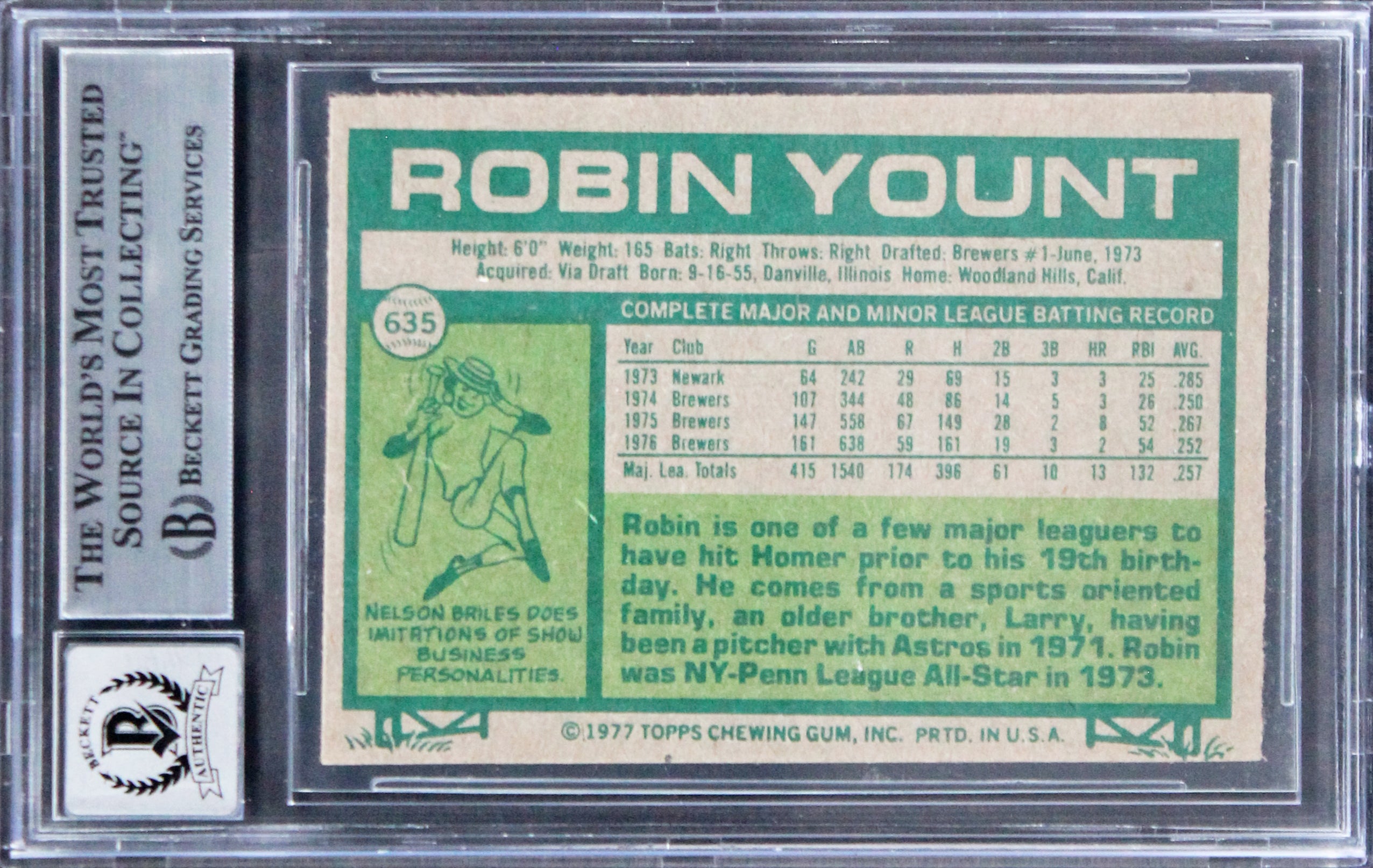 Brewers Robin Yount Authentic Signed 1977 Topps #635 Card Auto 10! BAS Slabbed